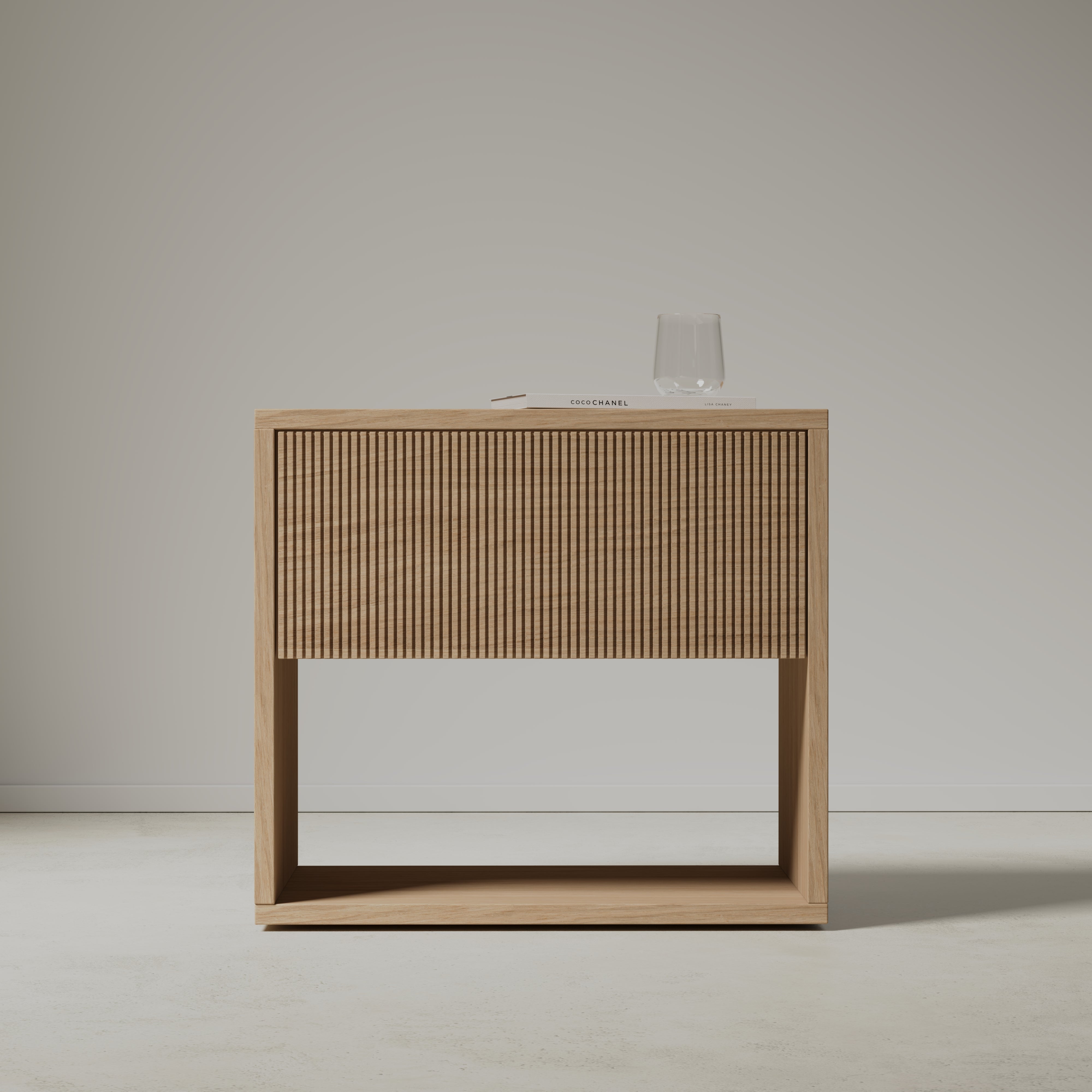 oak nightstand, grooved front, front view, bedroom furniture