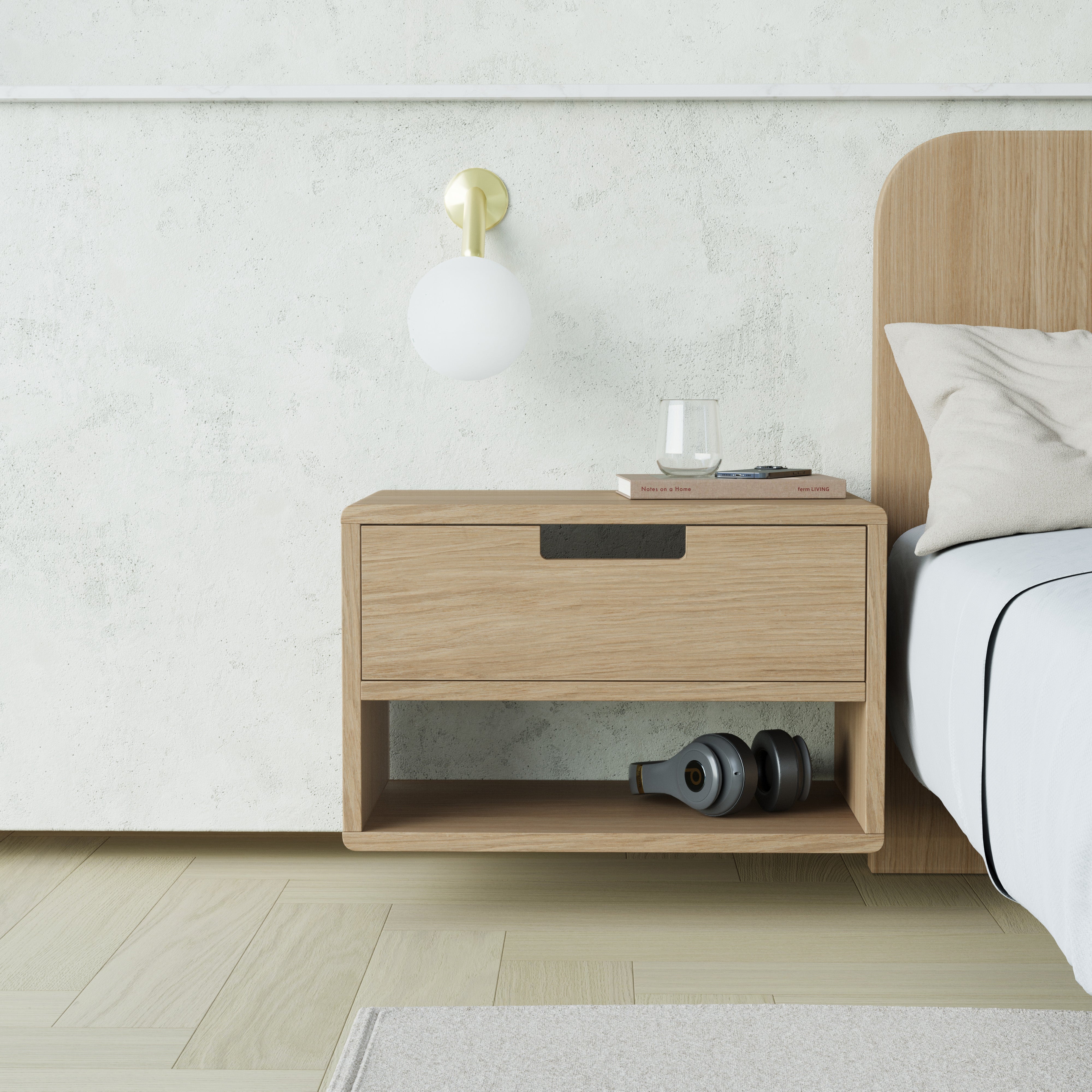 oak floating bedside table, cut out handle front, front view