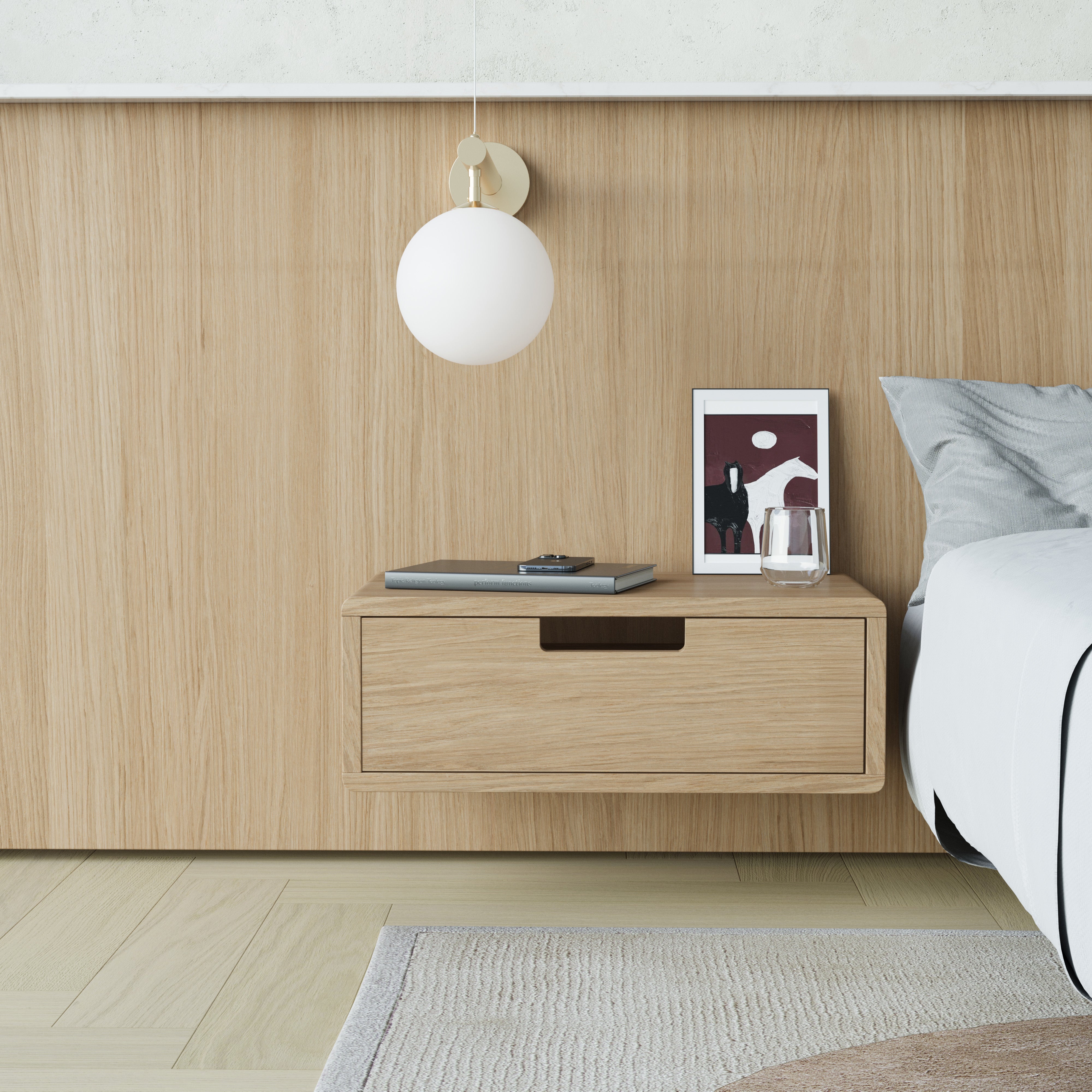 oak floating bedside table, cut out handle front, front view