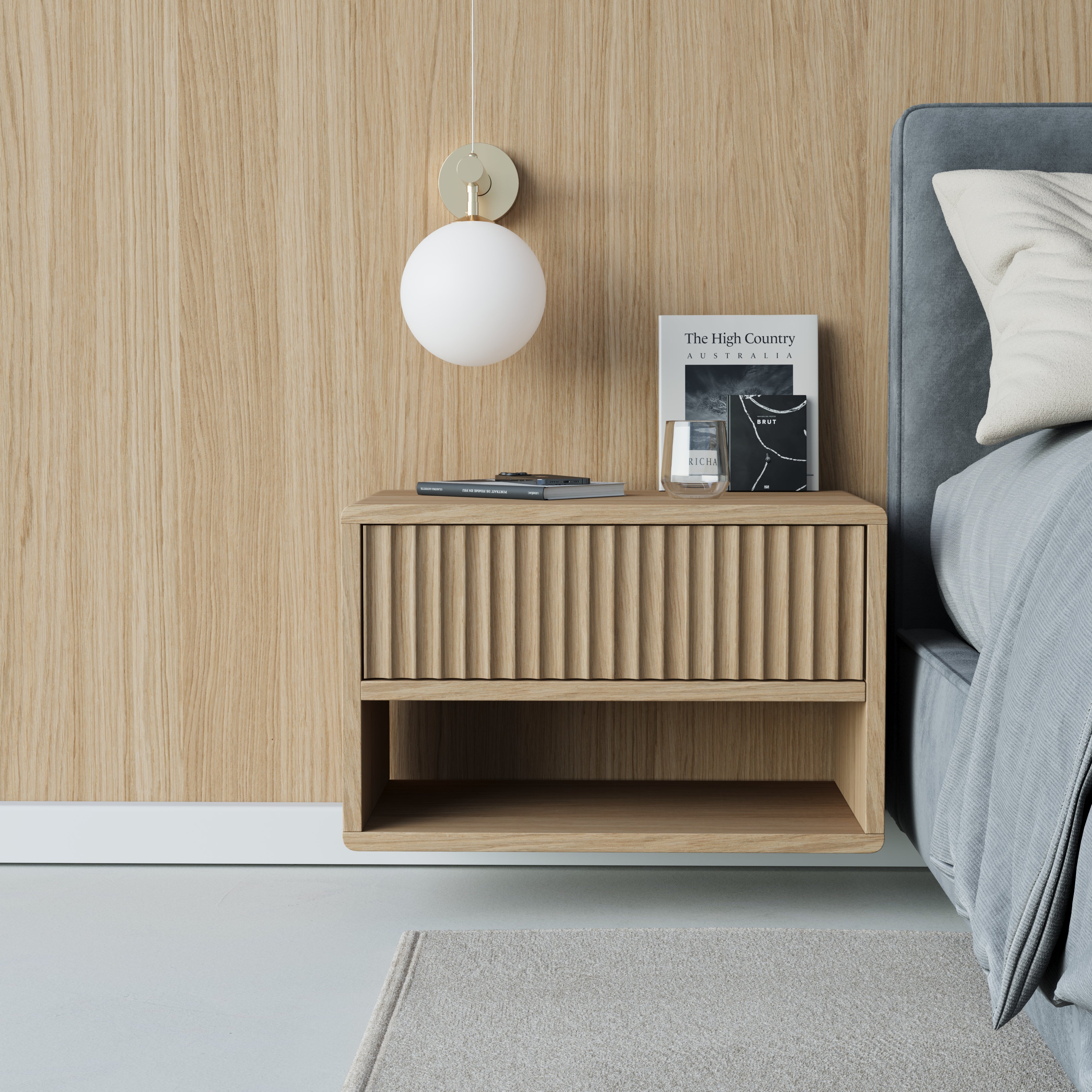 oak floating bedside table, flutted front, front view