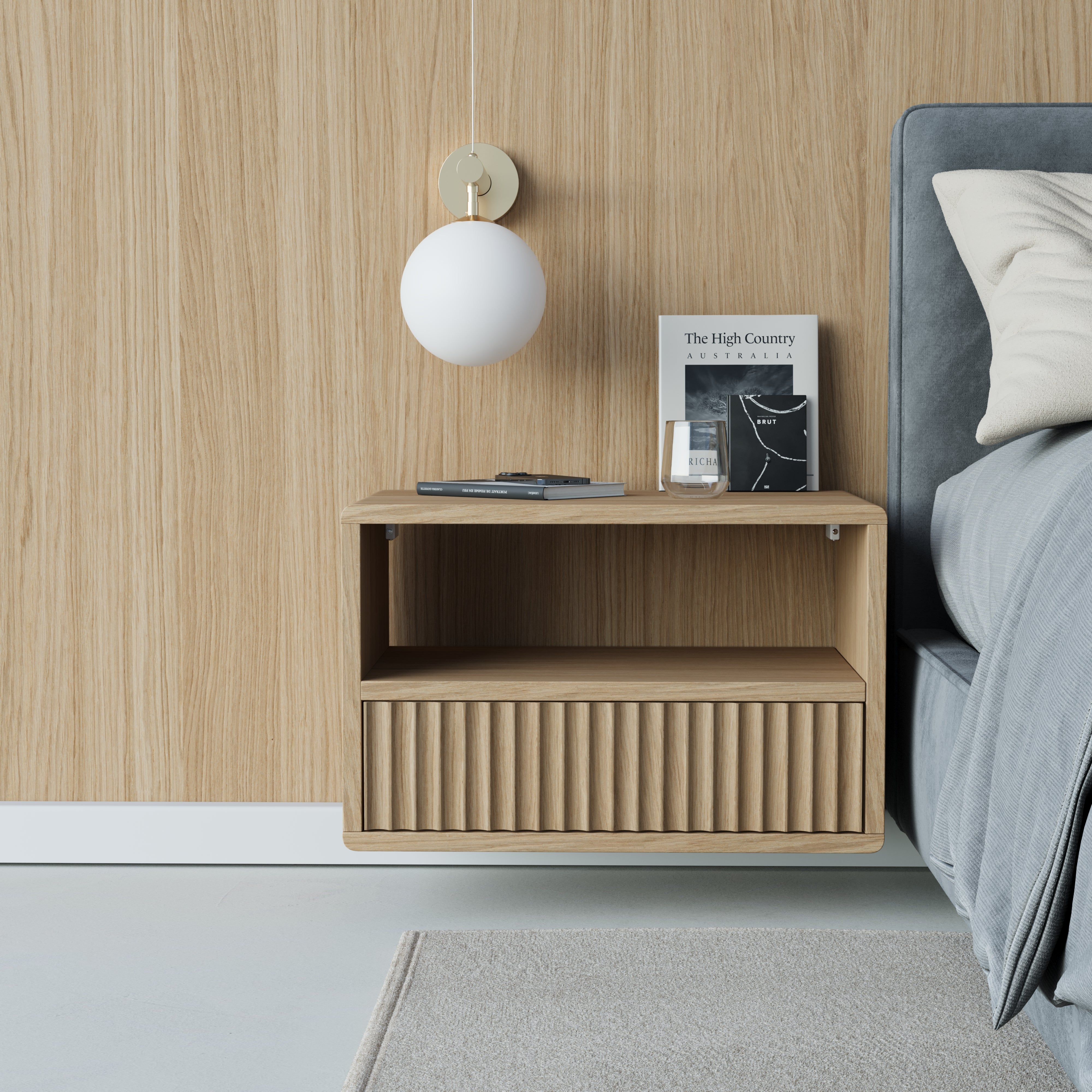 oak floating bedside table, flutted front, front view
