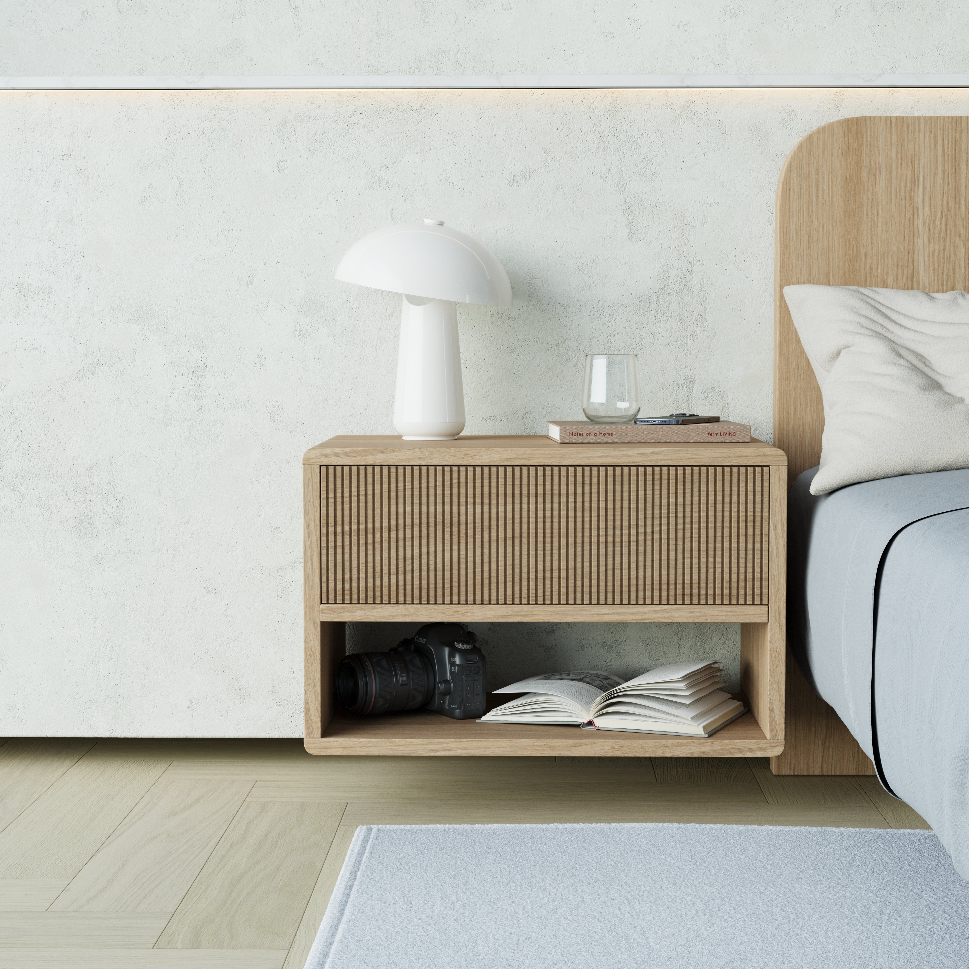 oak floating bedside table, grooved front, front view