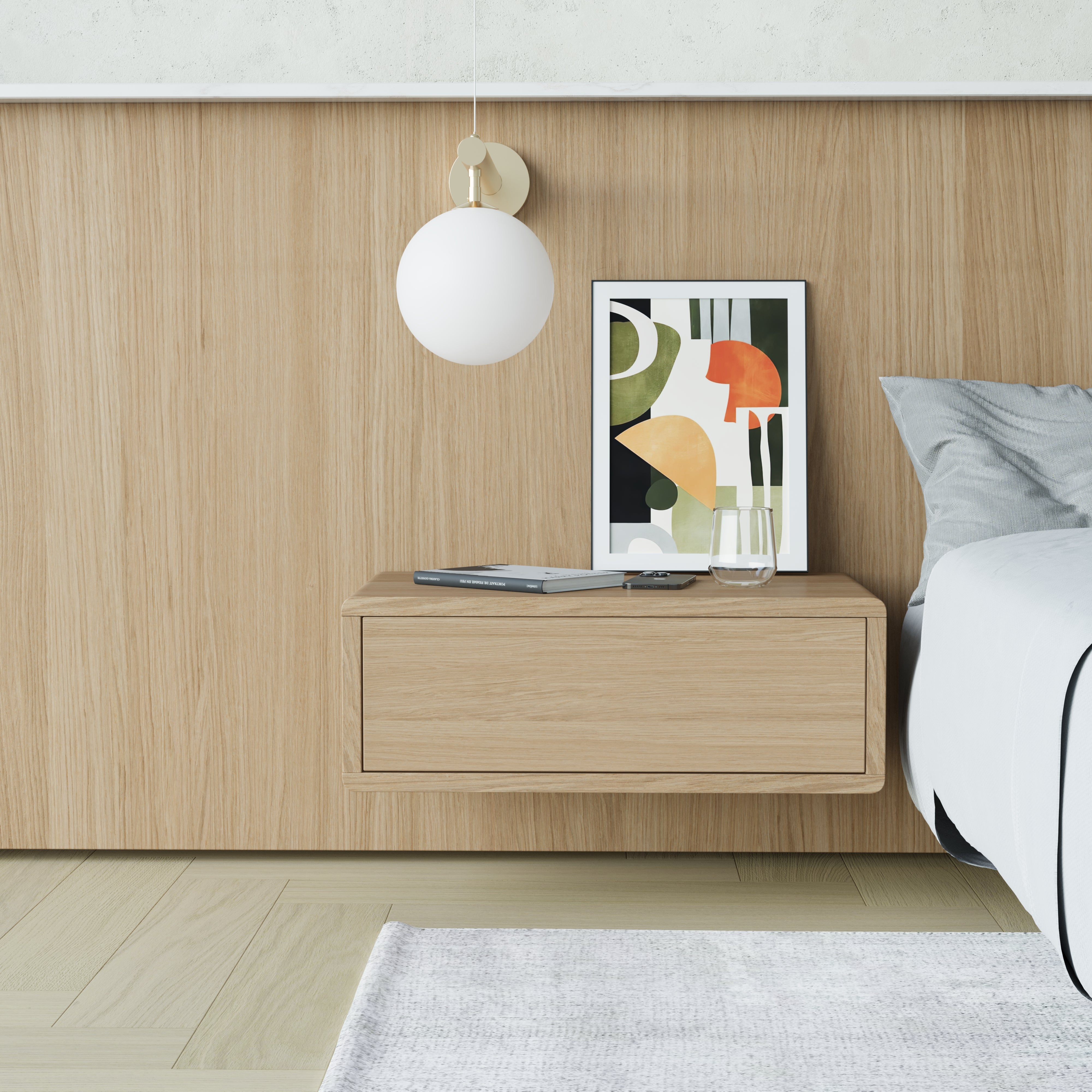 oak floating bedside table, plain front, front view