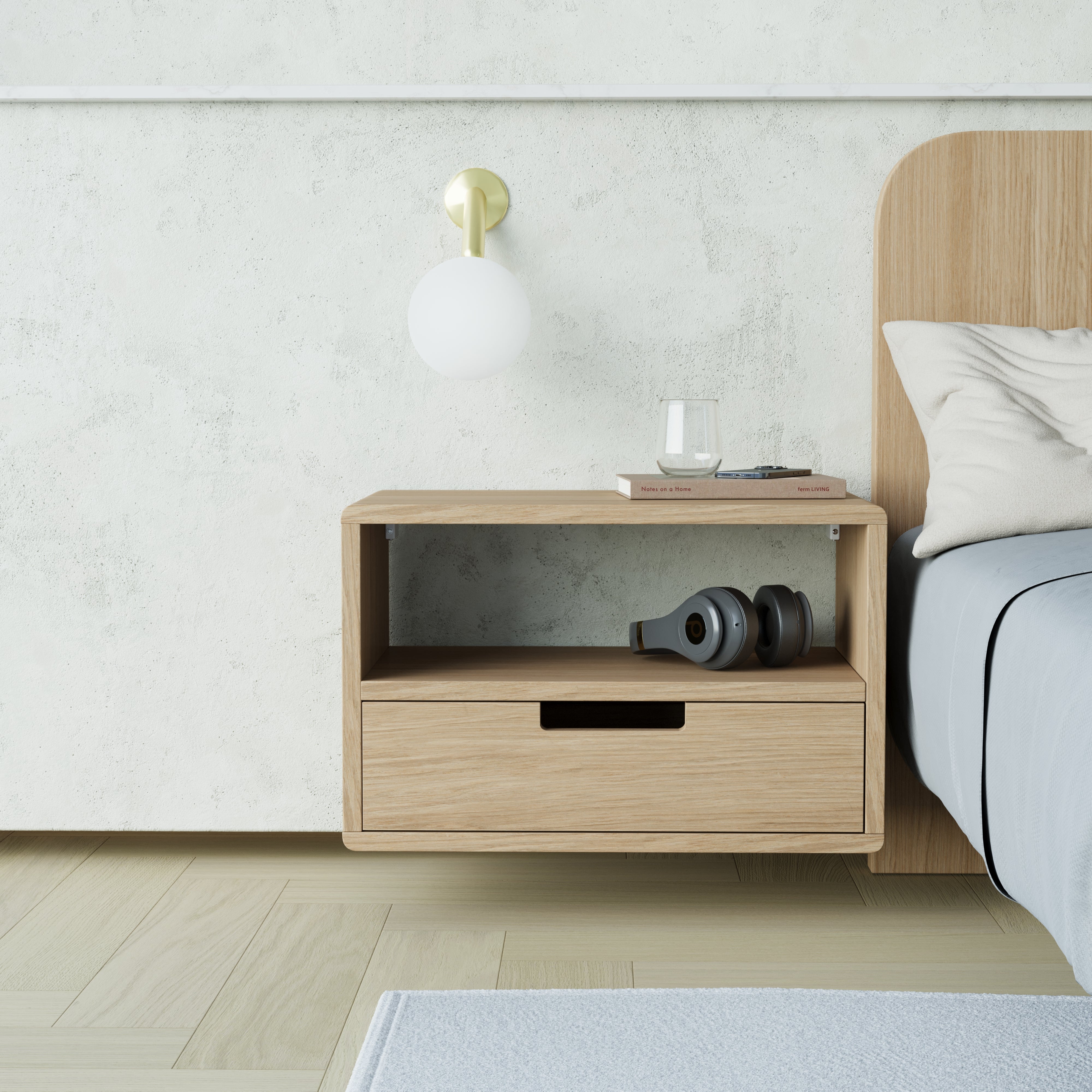 oak floating bedside table, cut out handle front, front view