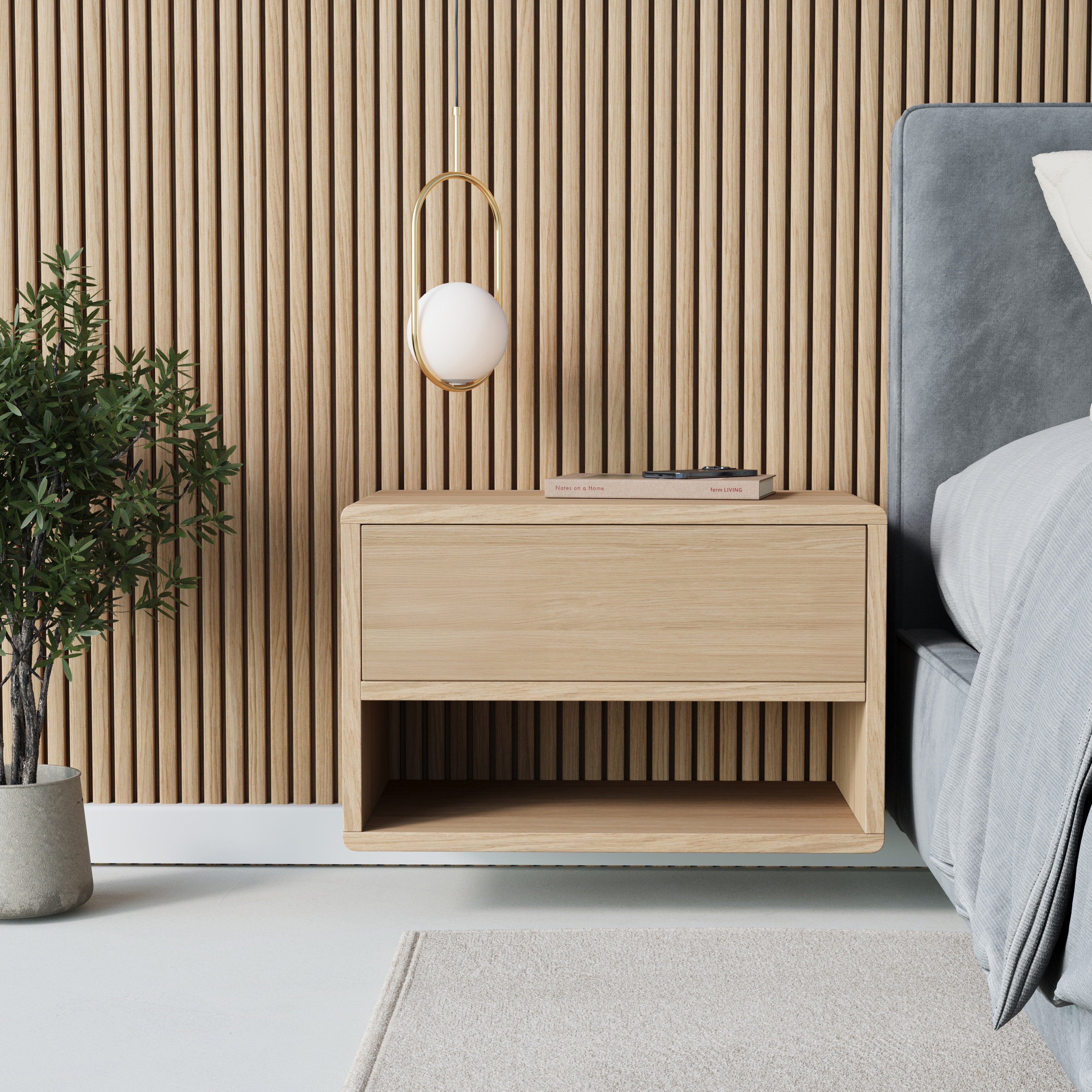oak floating bedside table, plain front, front view