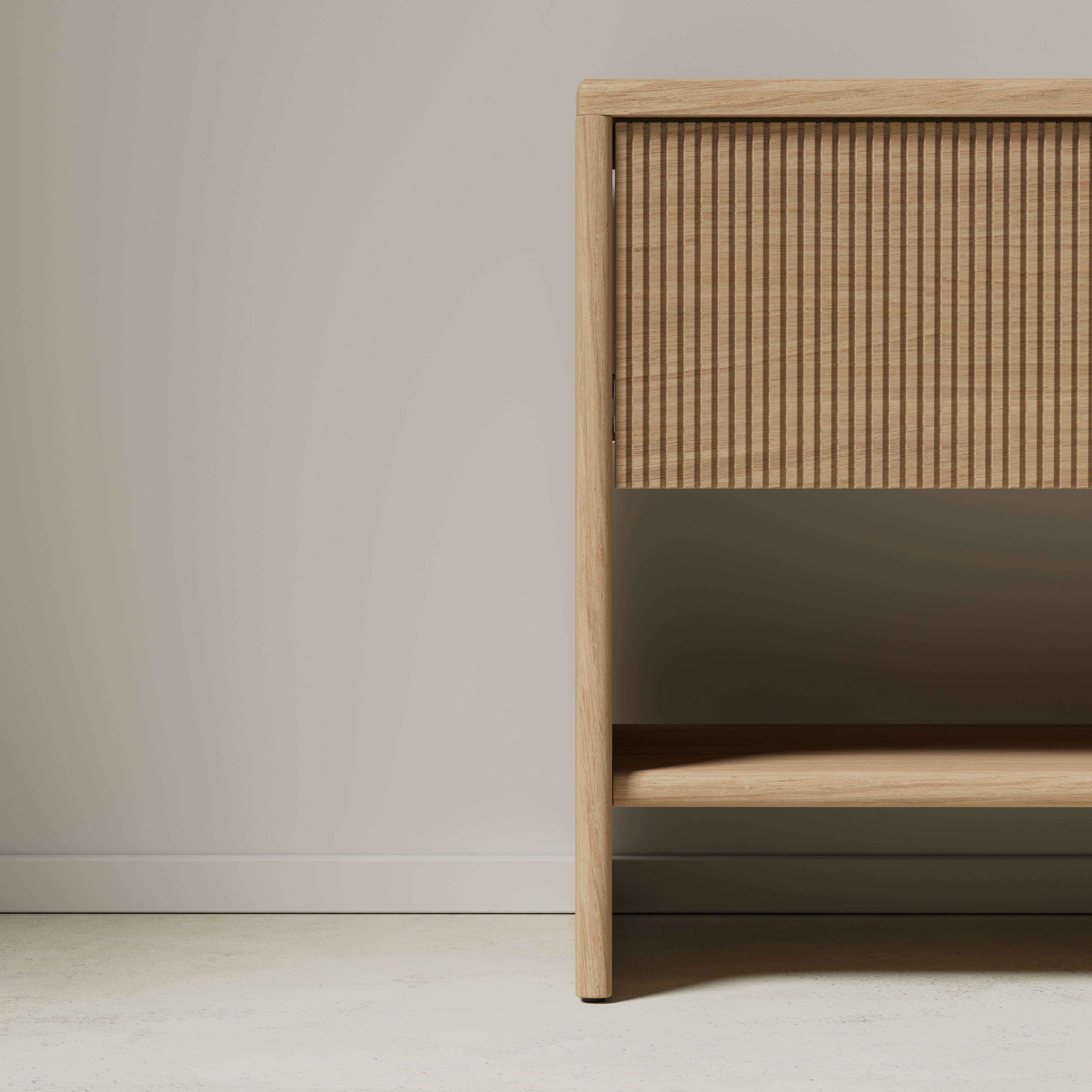 oak nightstand, ribbed front, close view