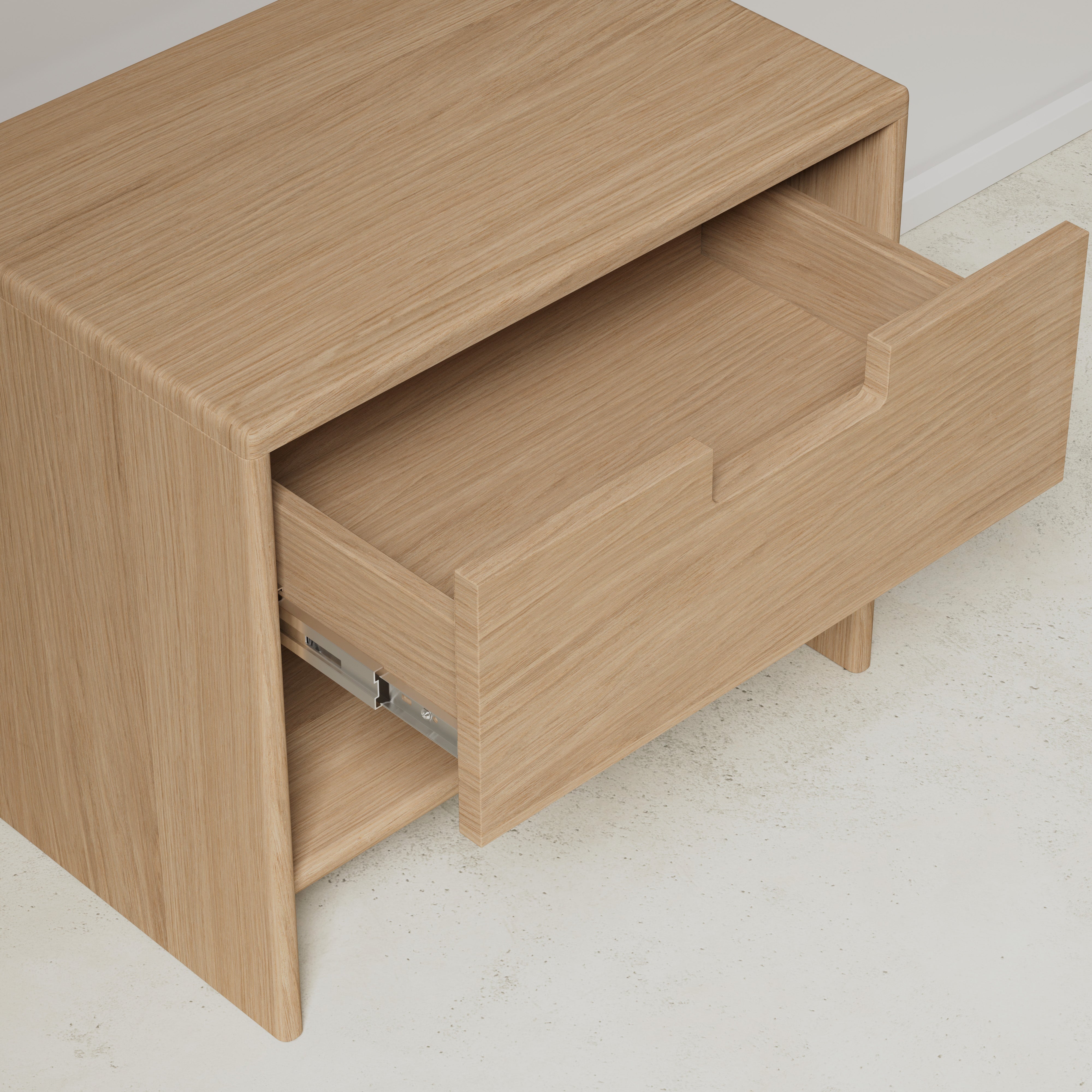 oak nightstand with drawer, opened rawer view