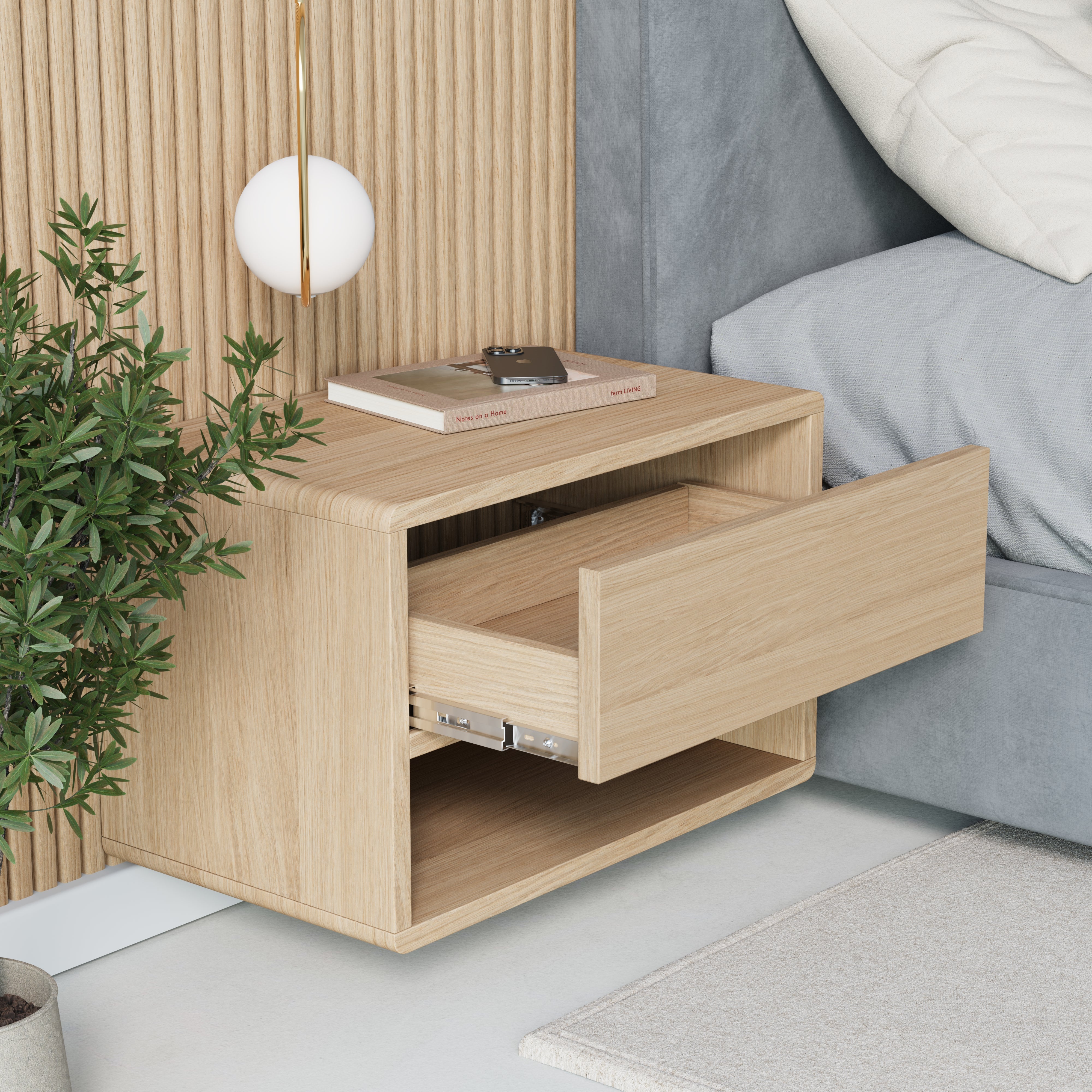 oak floating bedside table, drawer front, front view