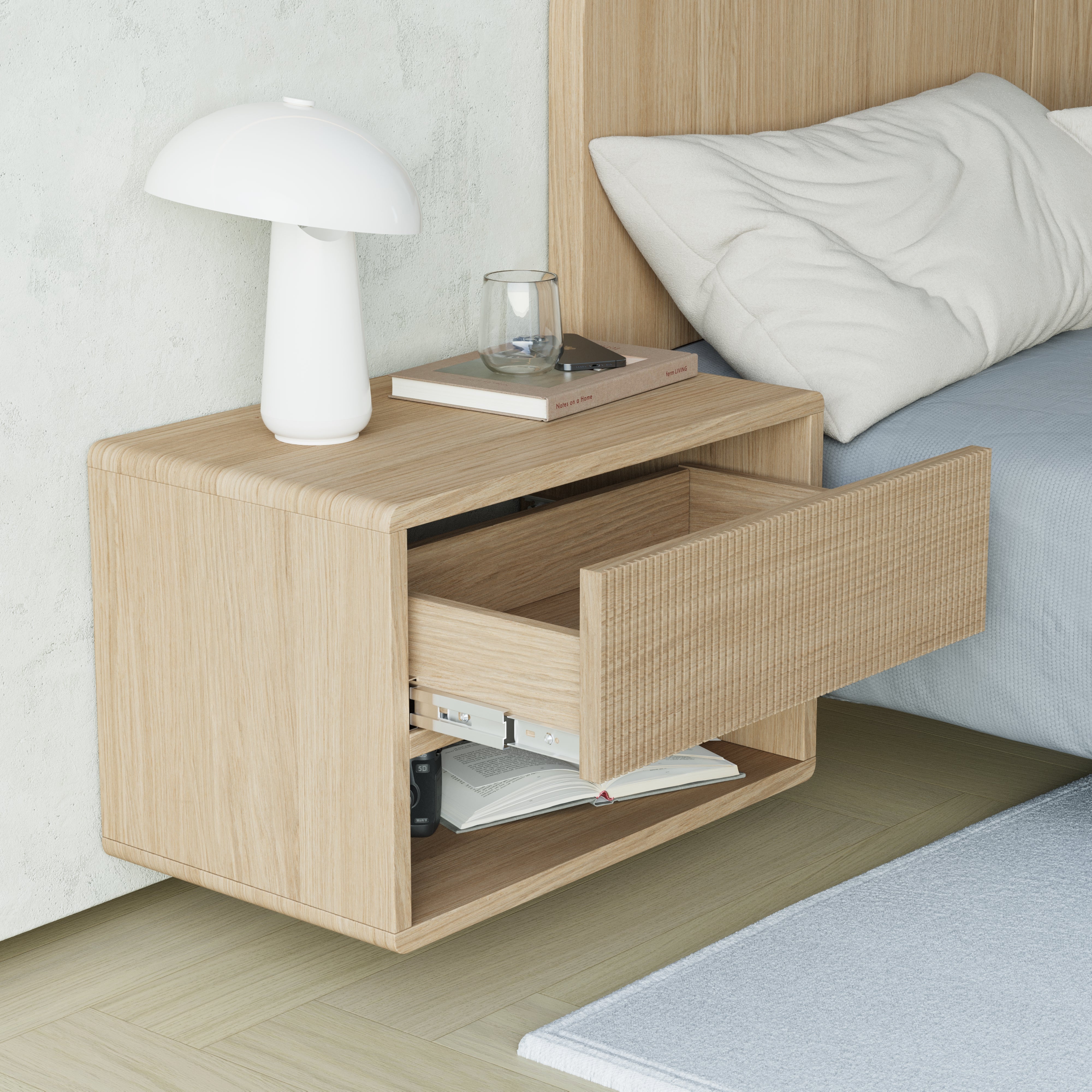 oak floating bedside table, grooved front, drawer view