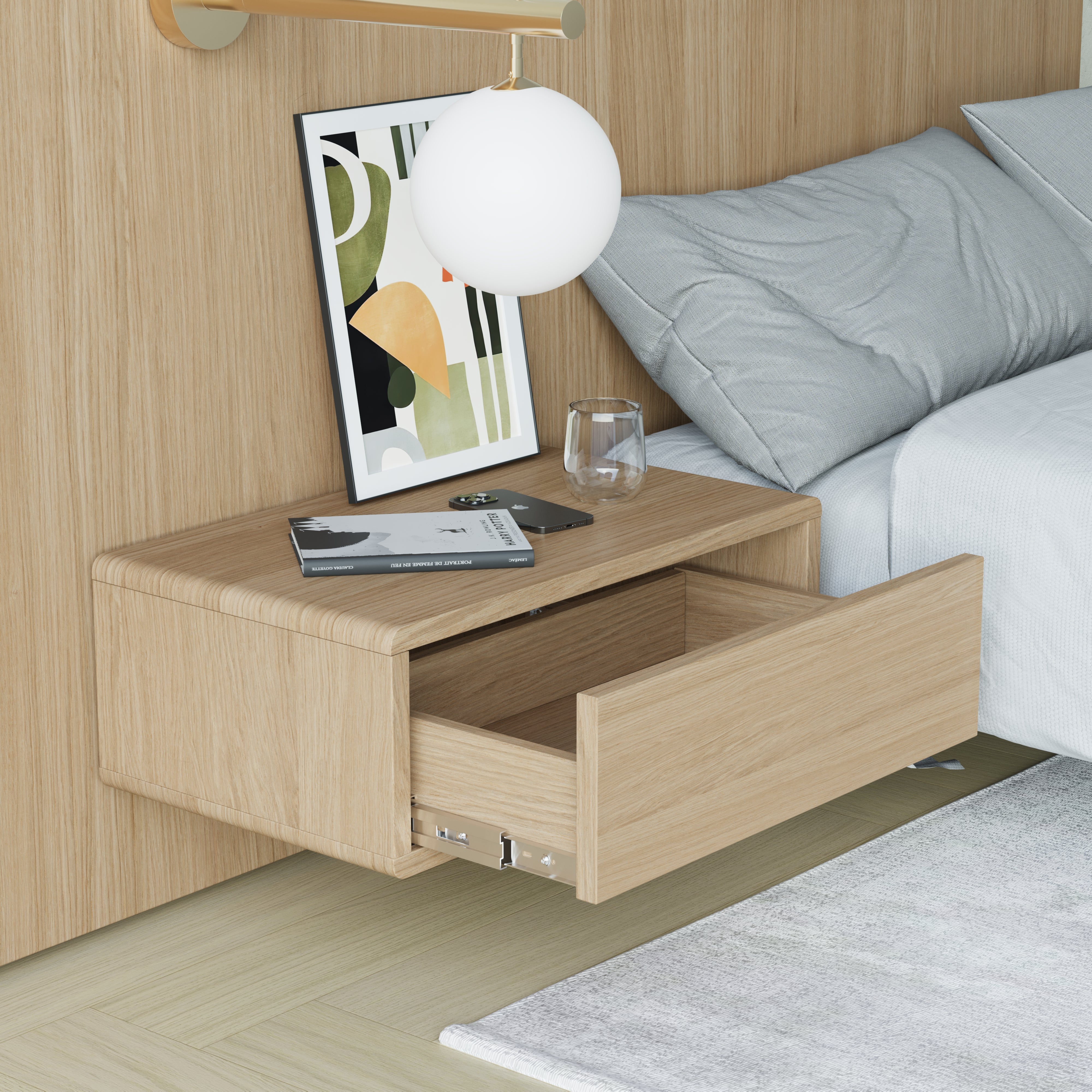 oak floating bedside table, plain front, drawer view
