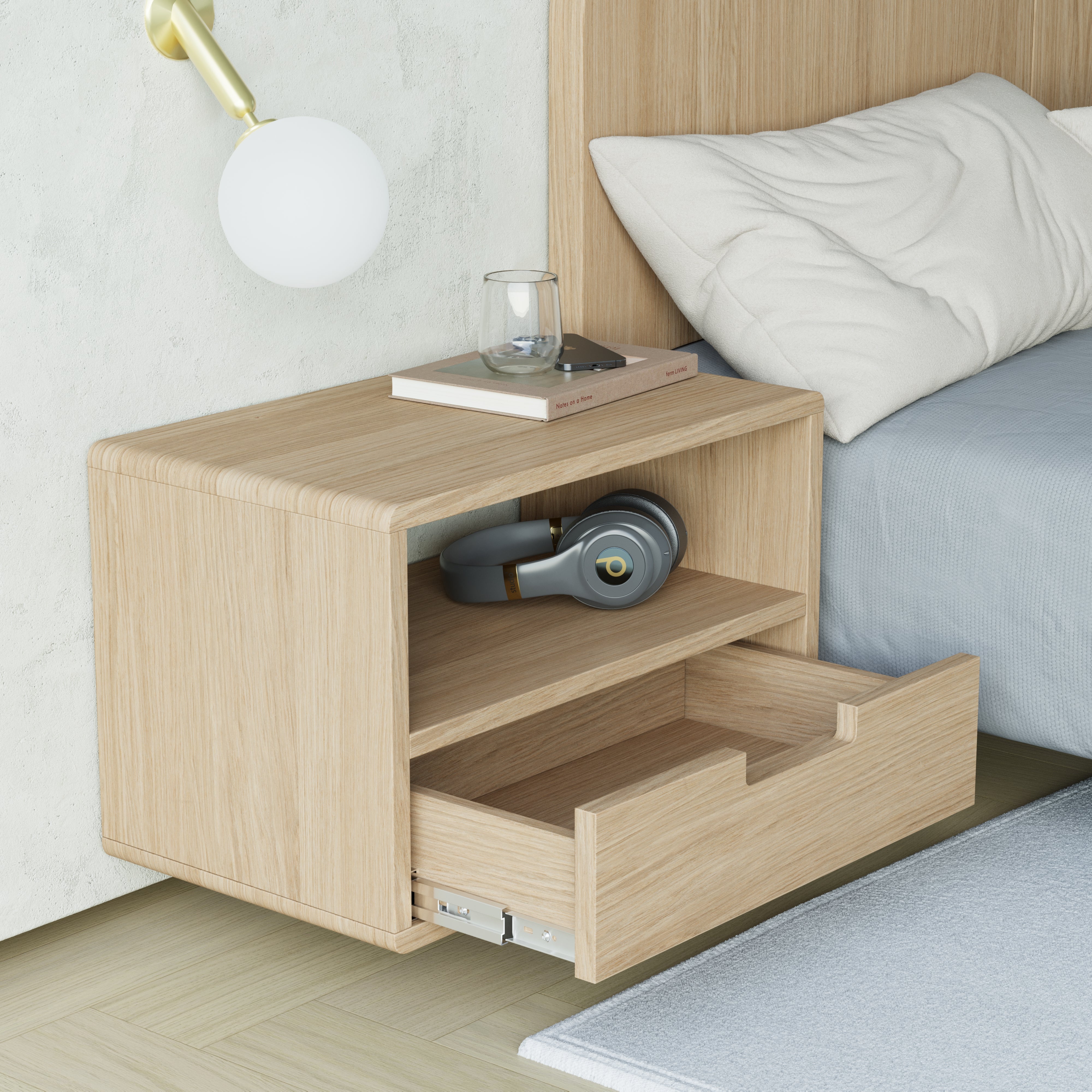 oak floating bedside table, cut out handle front, drawer view