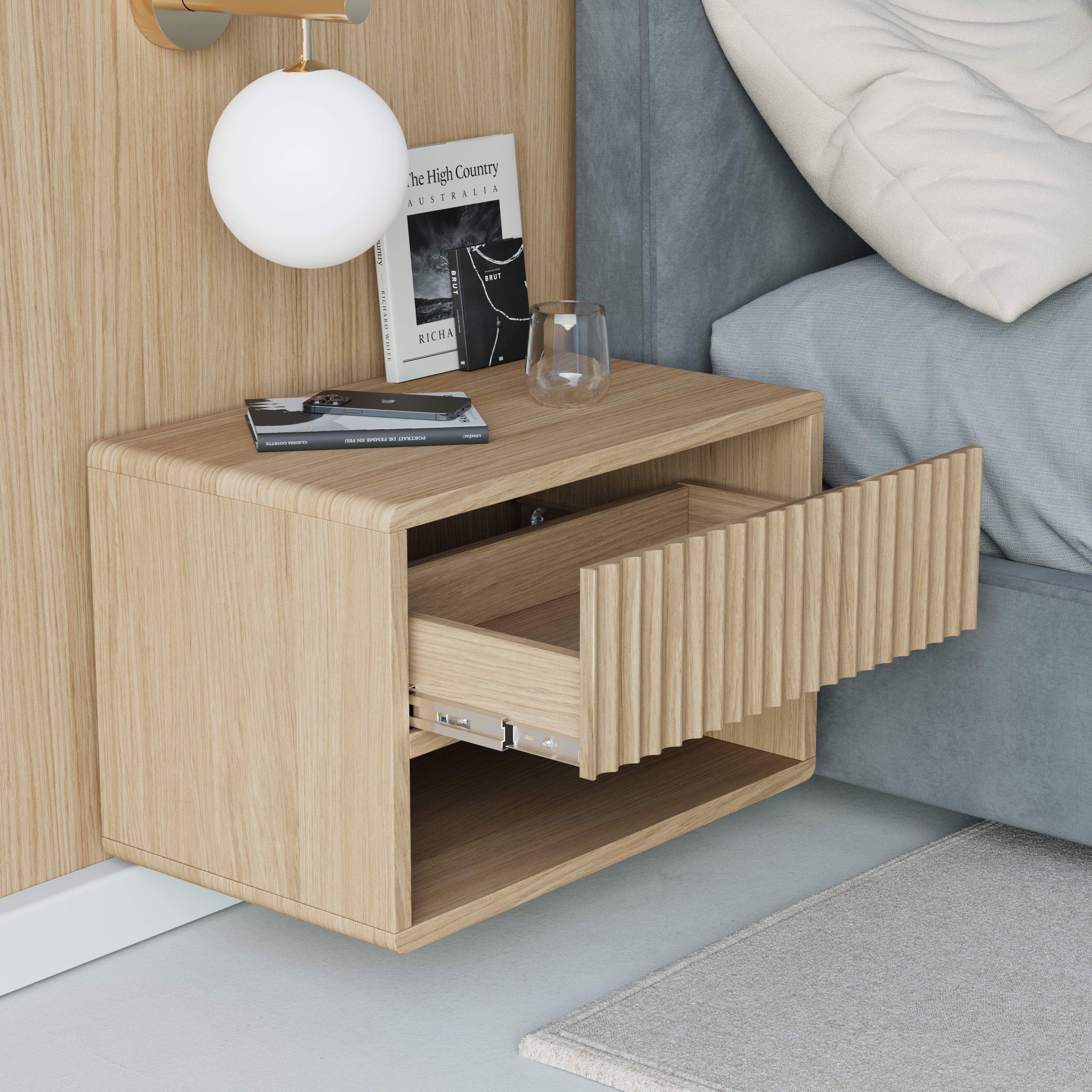 oak floating bedside table, flutted front, drawer view