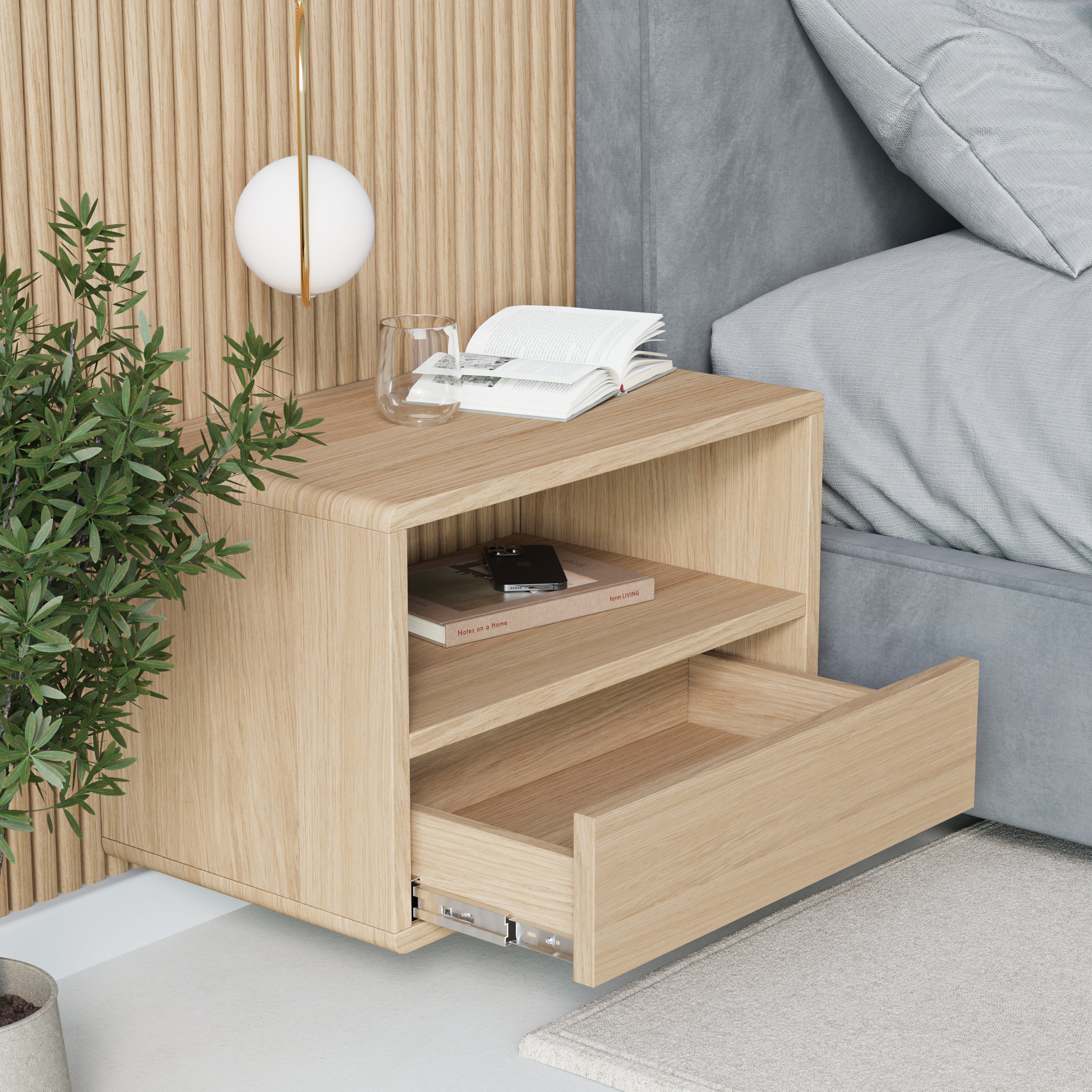 oak floating bedside table, plain front, drawer view
