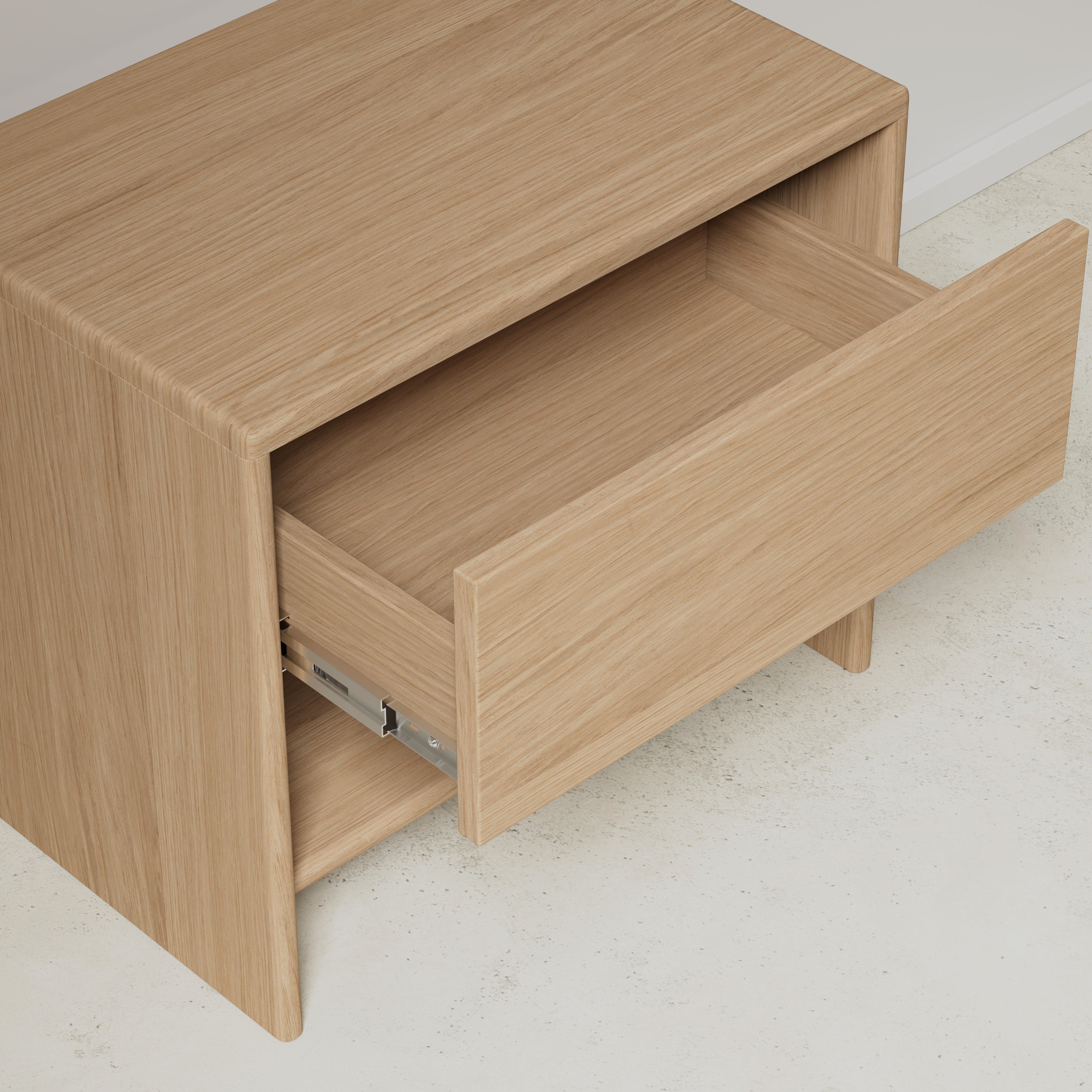 oak nightstand, plain front, drawer view