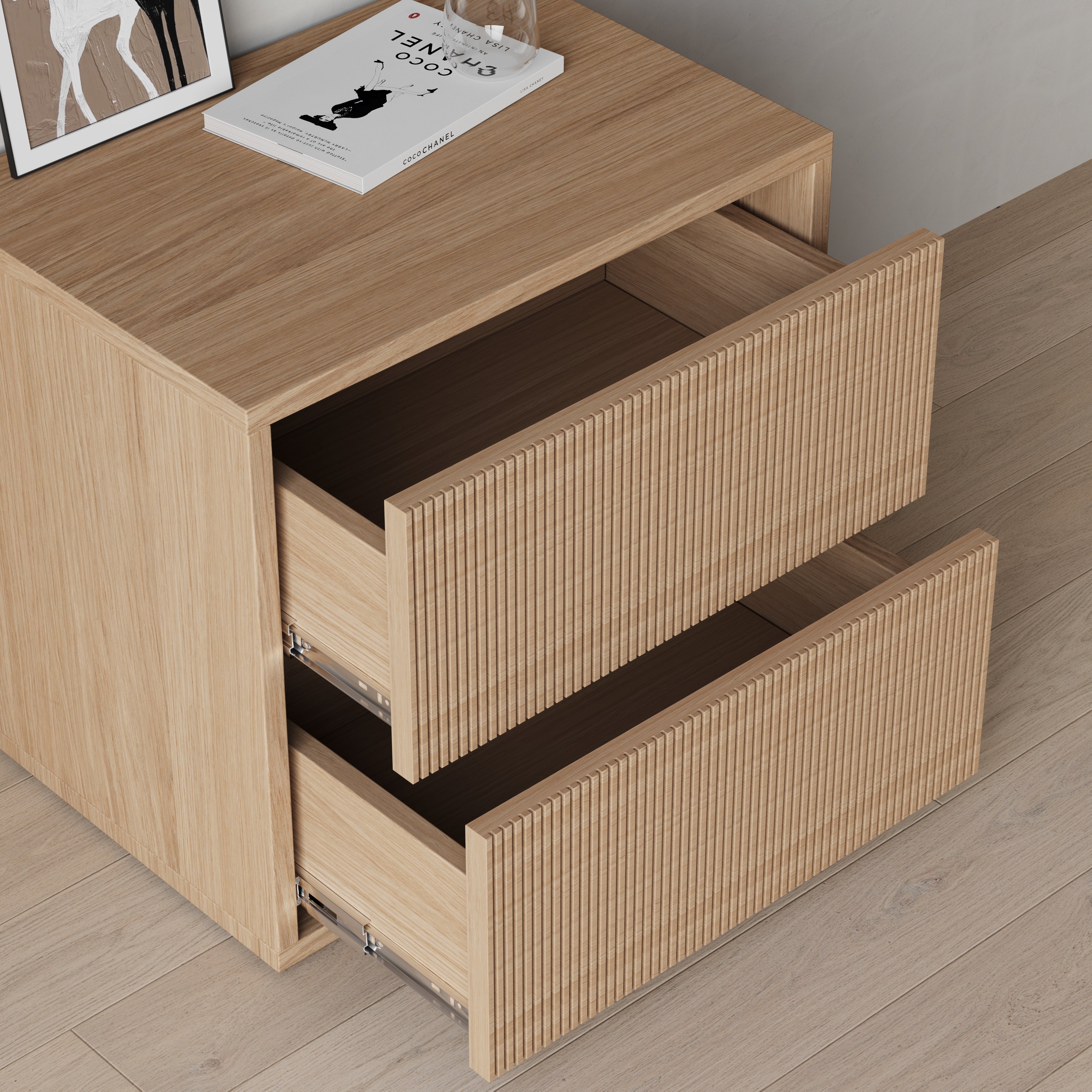 oak nightstand, grooved front, open drawers view