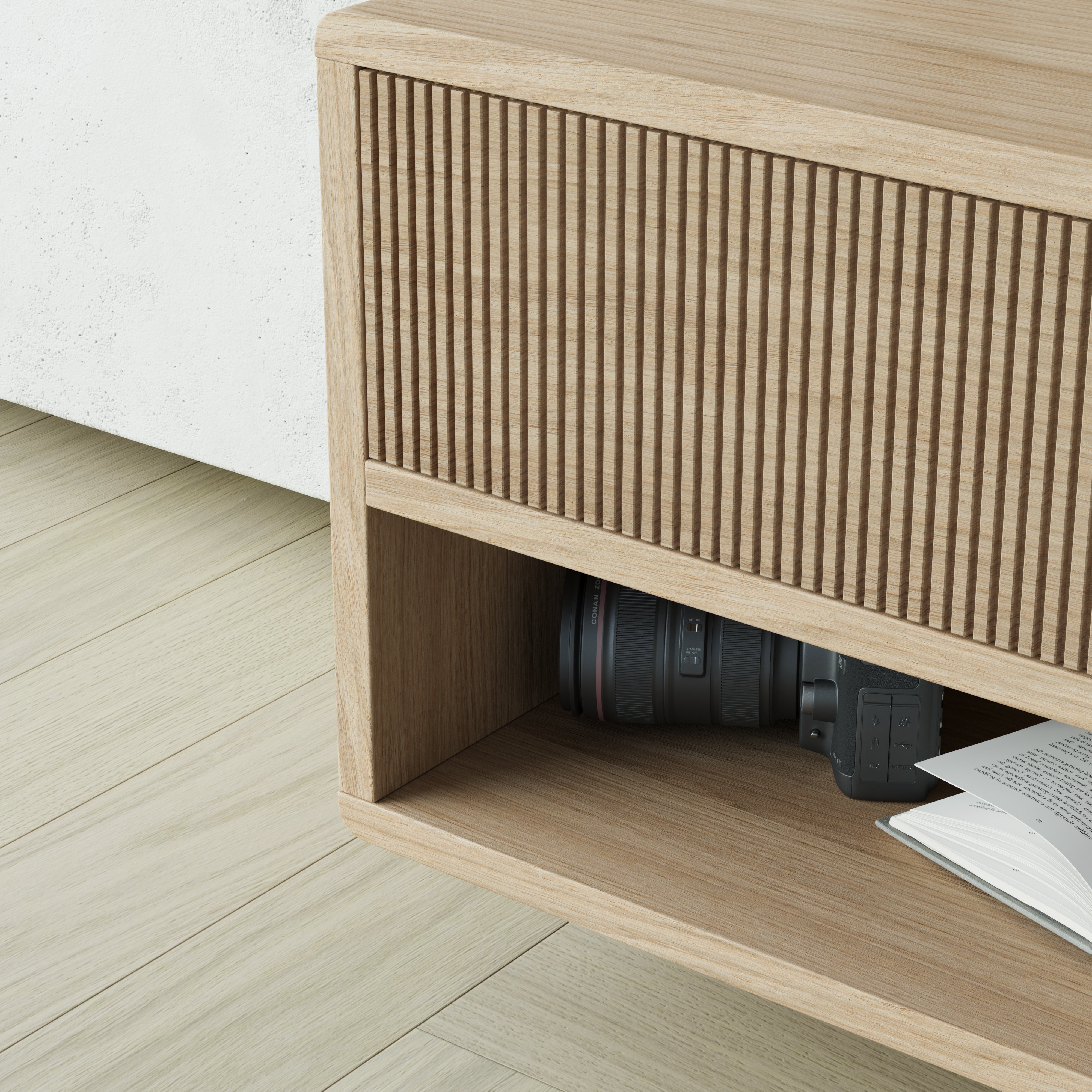 oak floating bedside table, grooved front, side view