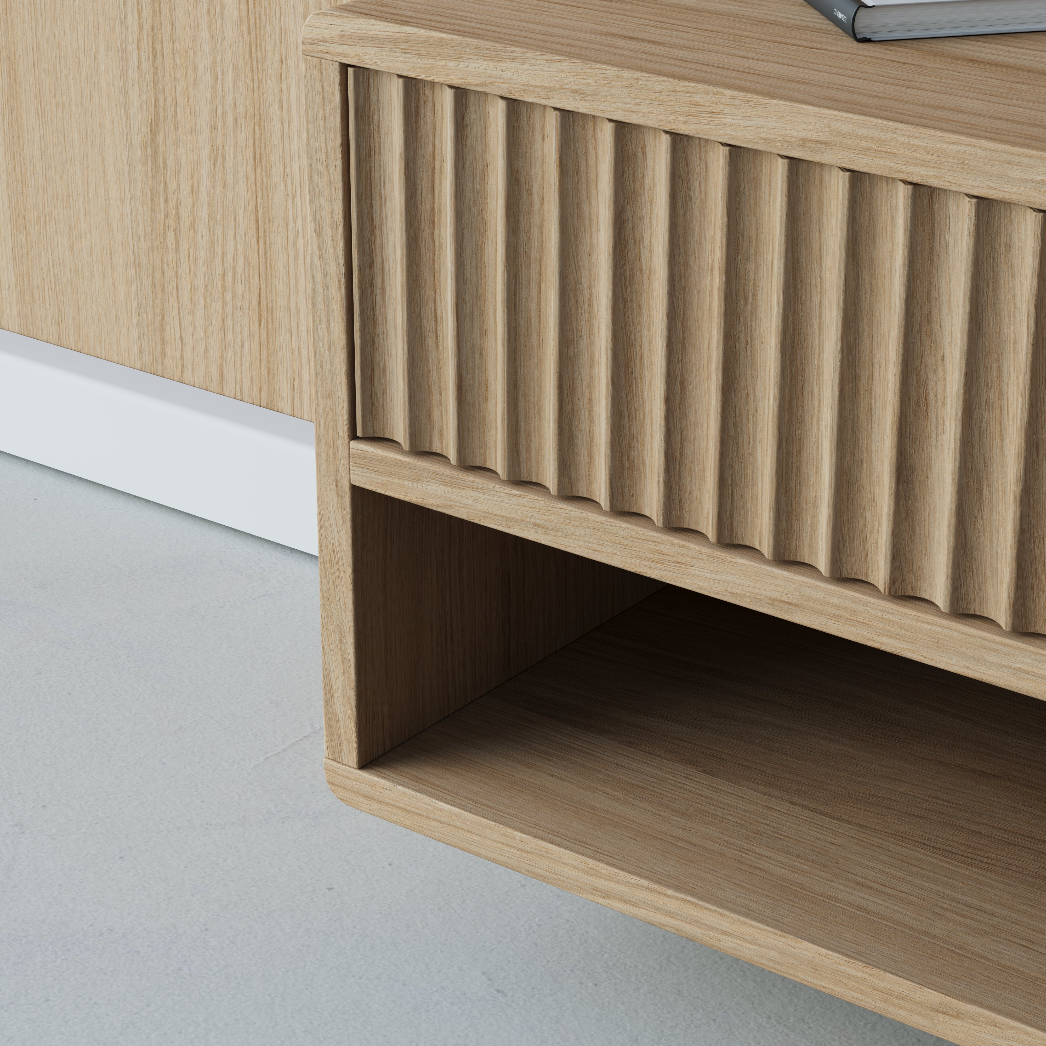 oak floating bedside table, flutted front, side view