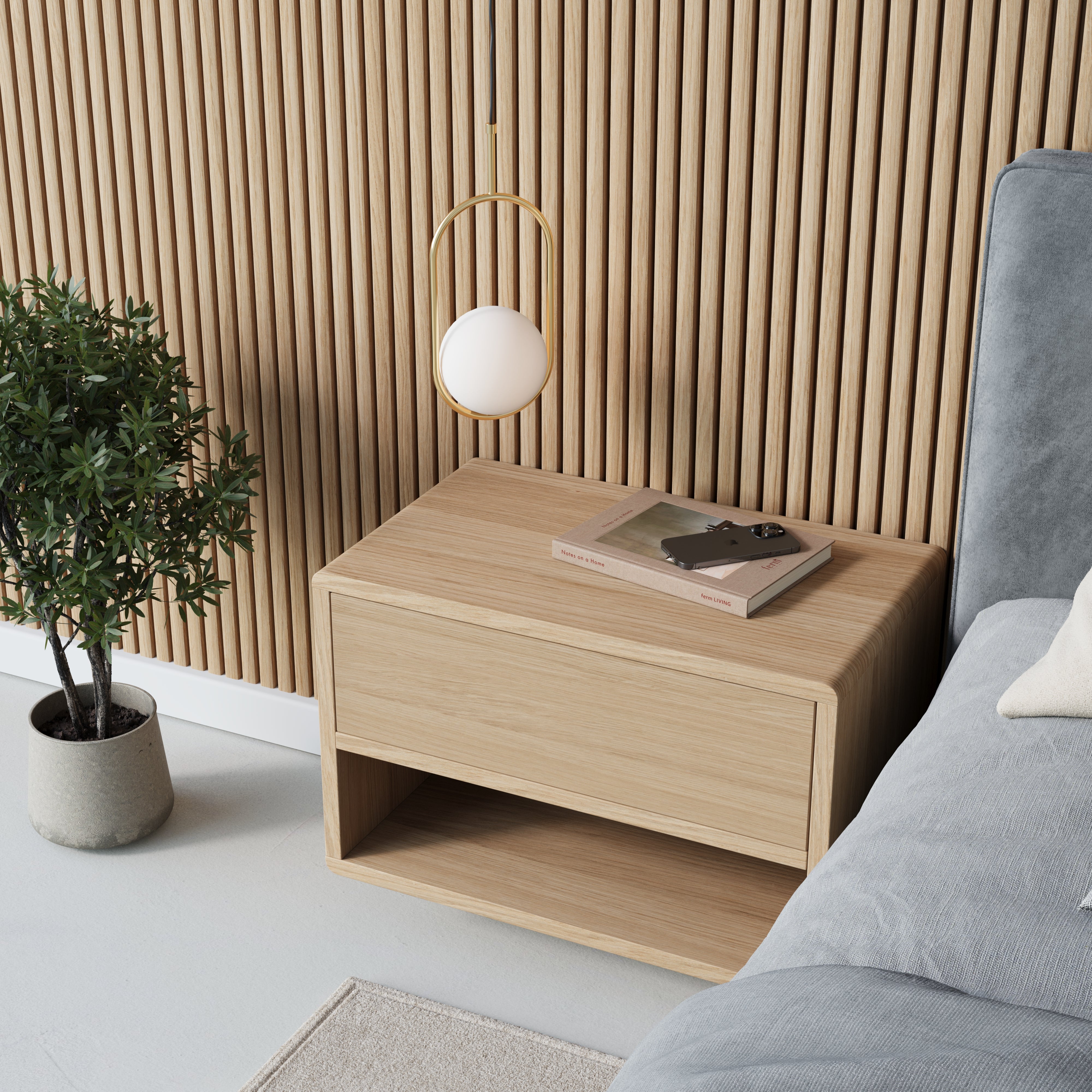 oak floating bedside table, plain front, top view