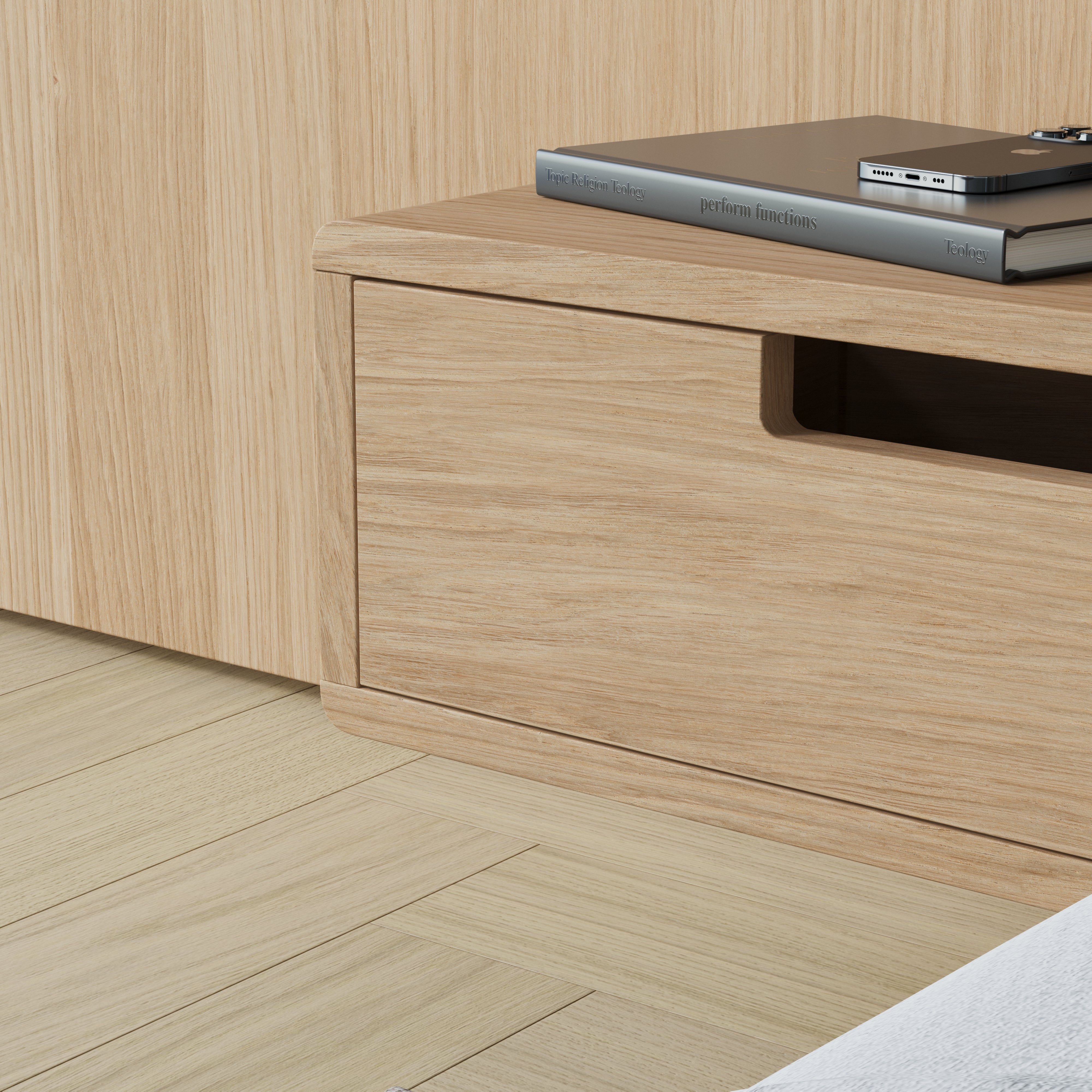 oak floating bedside table, cut out handle front, drawer view