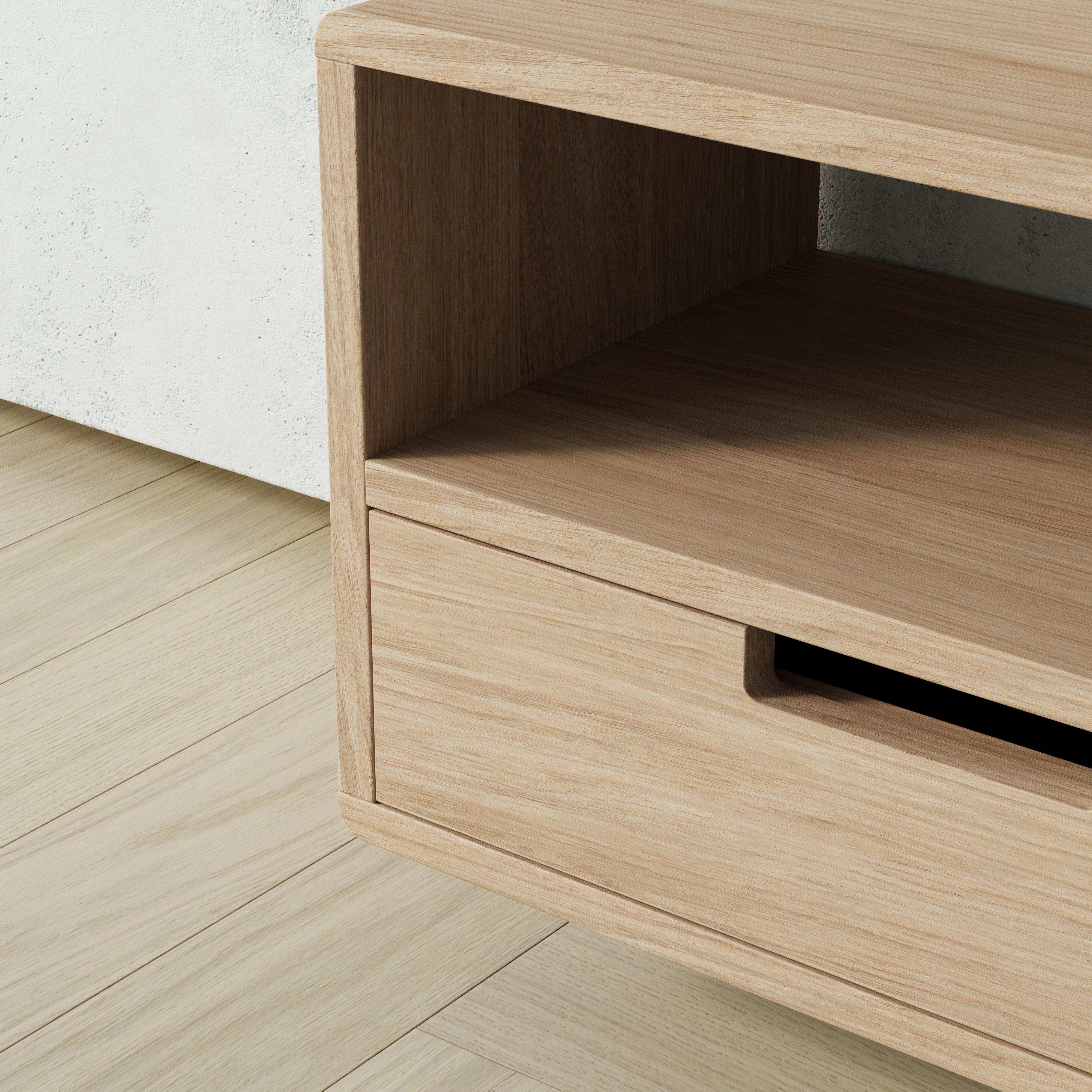 oak floating bedside table, cut out handle front, side view