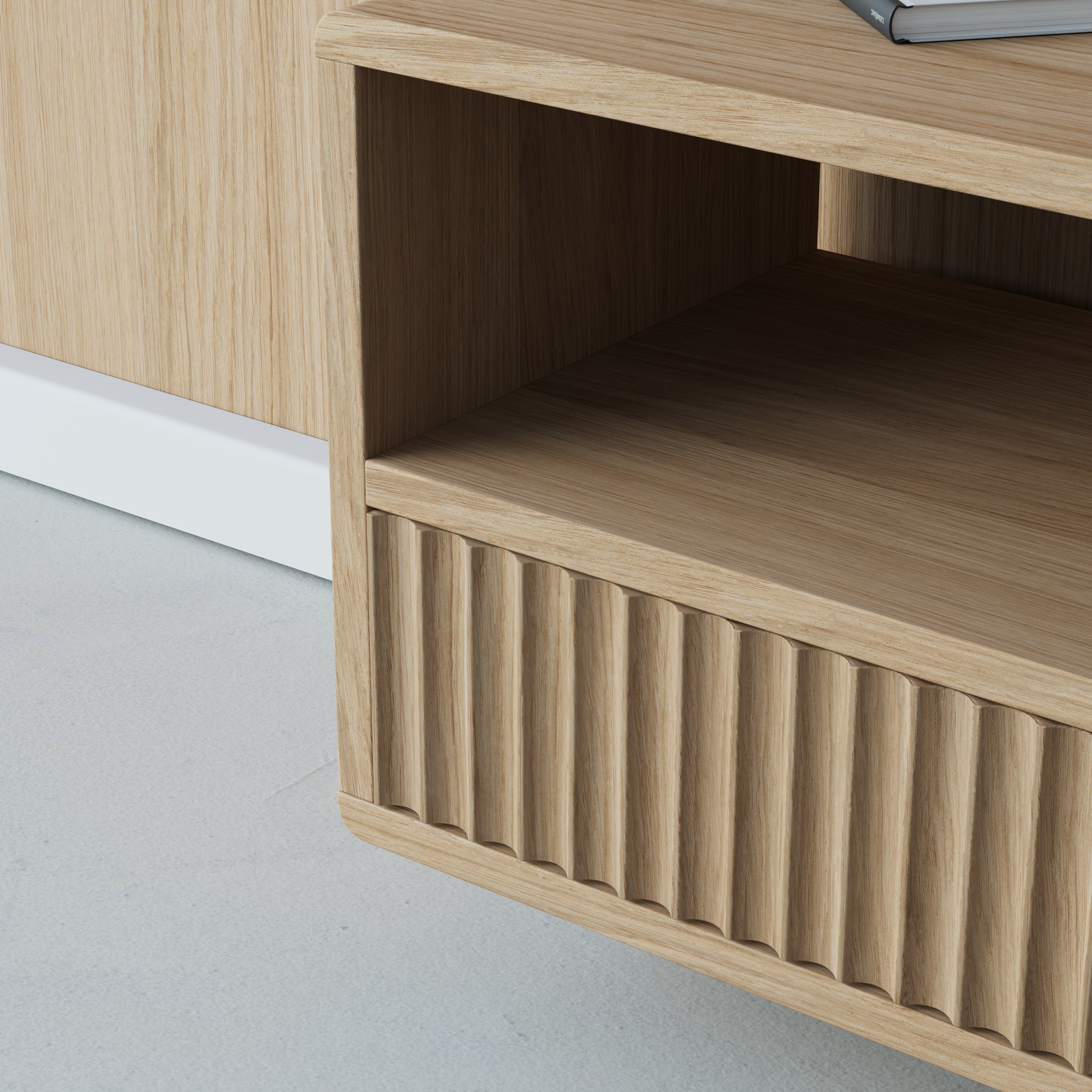 oak floating bedside table, flutted front, side view