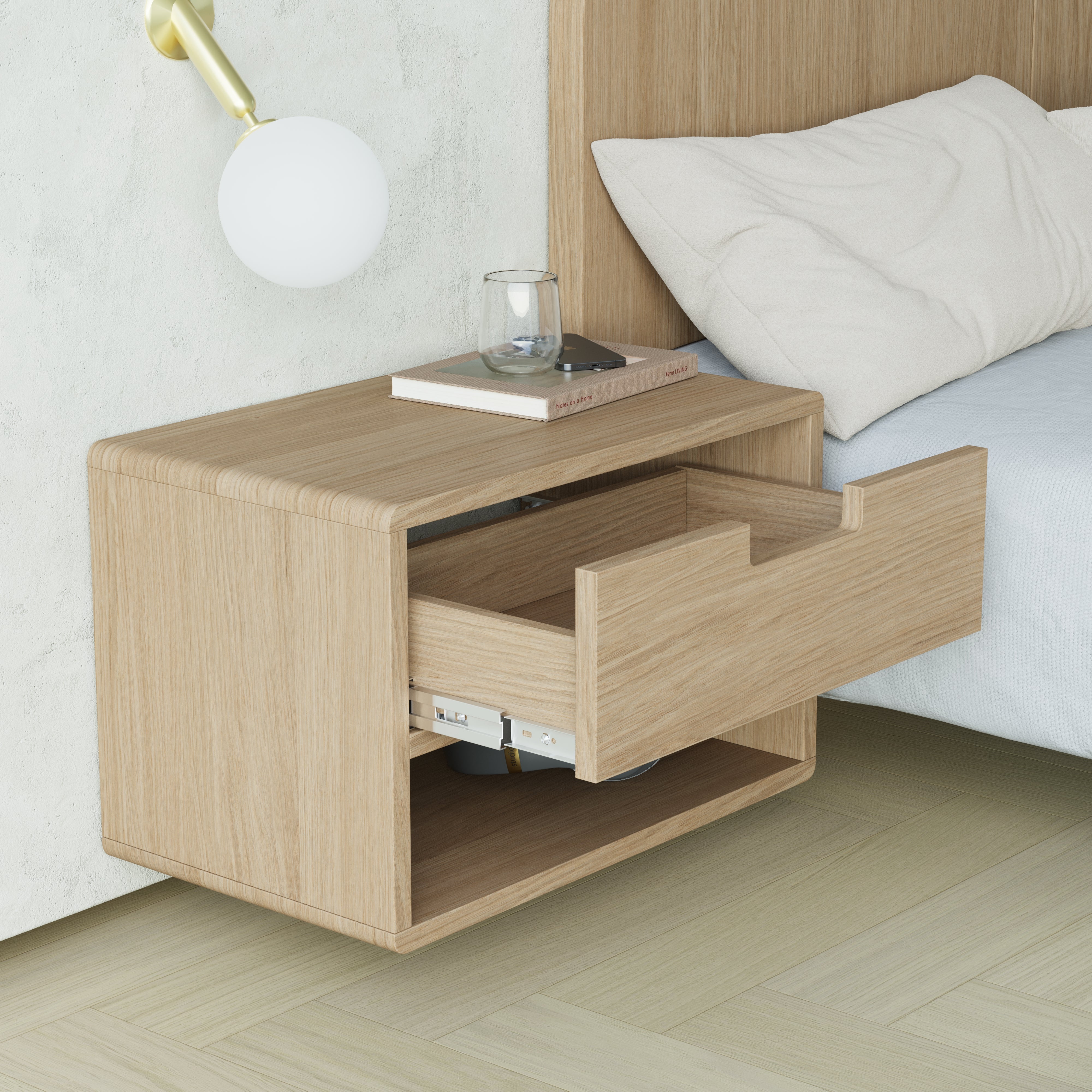 oak floating bedside table, cut out handle front, side view