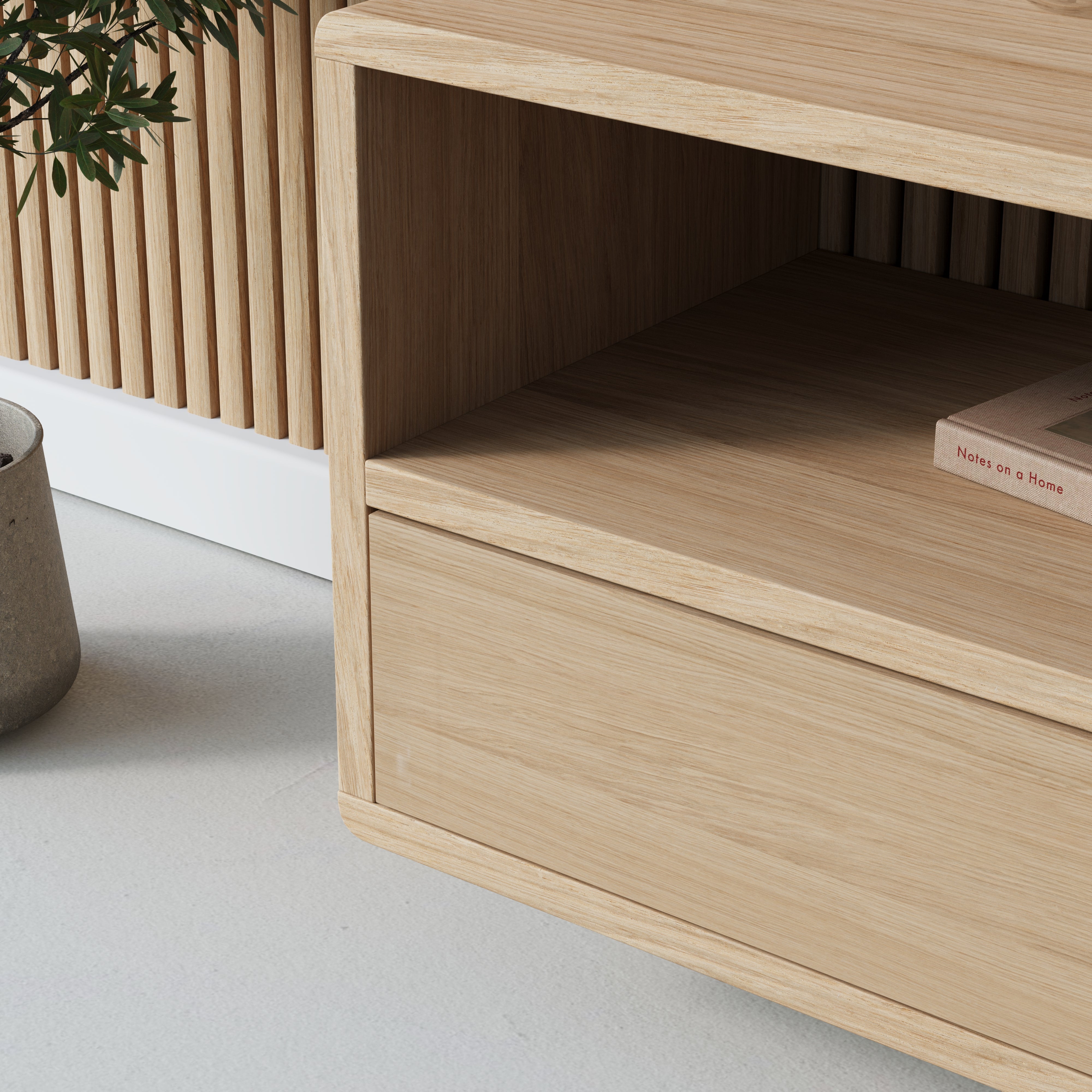 oak floating bedside table, plain front, side view