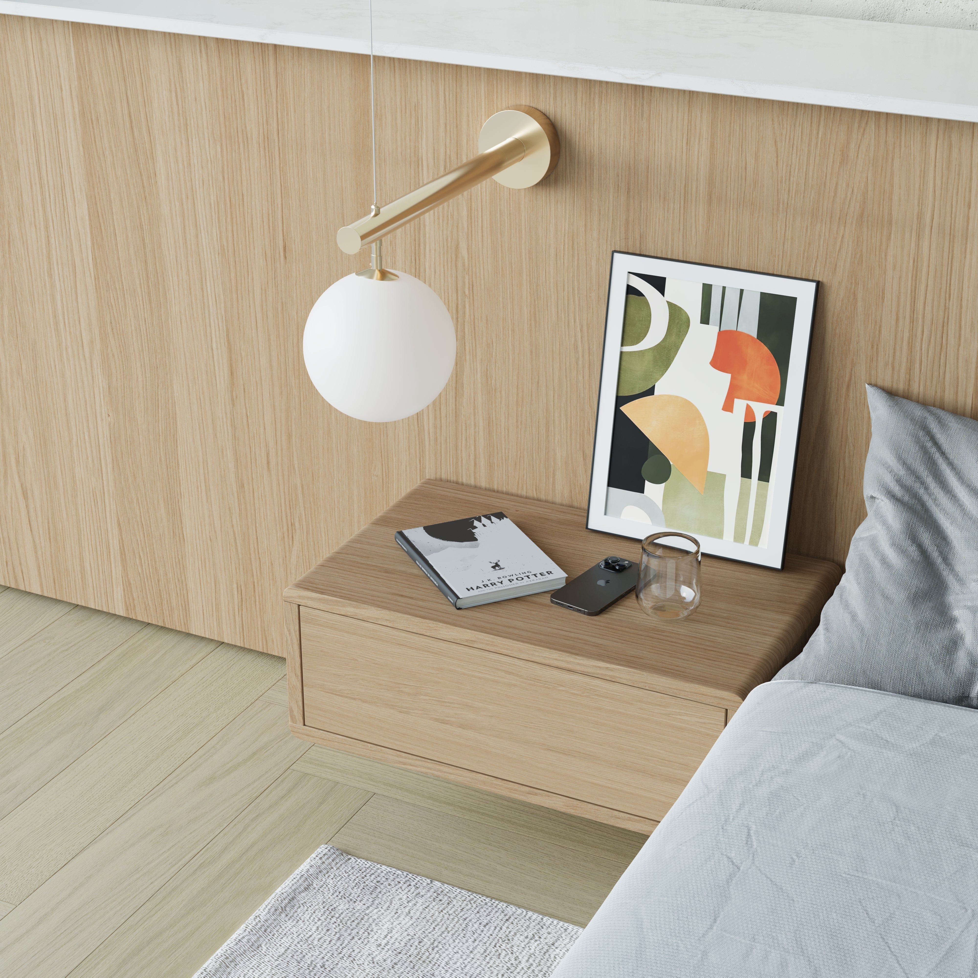 oak floating bedside table, plain front, top view
