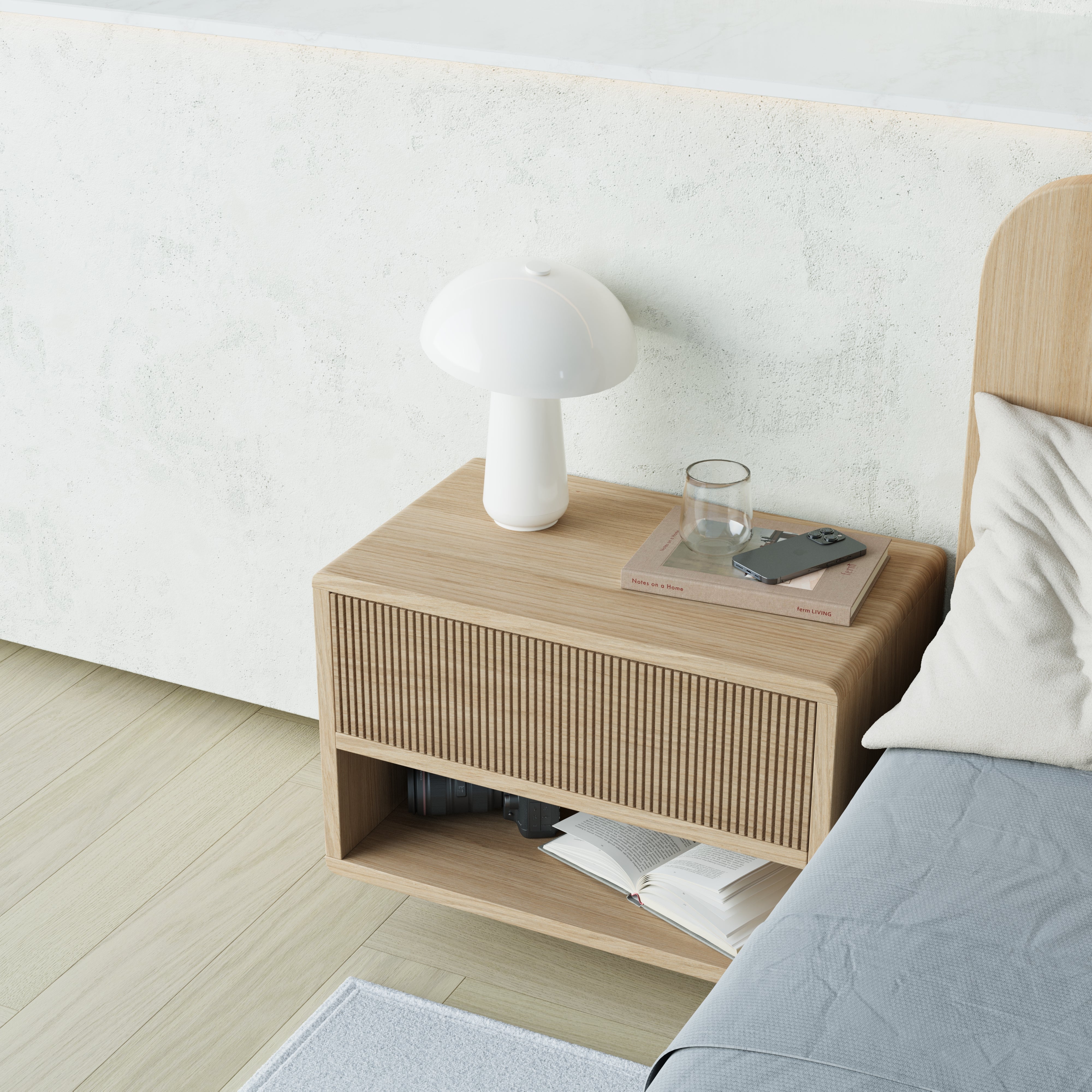 oak floating bedside table, grooved front, top view