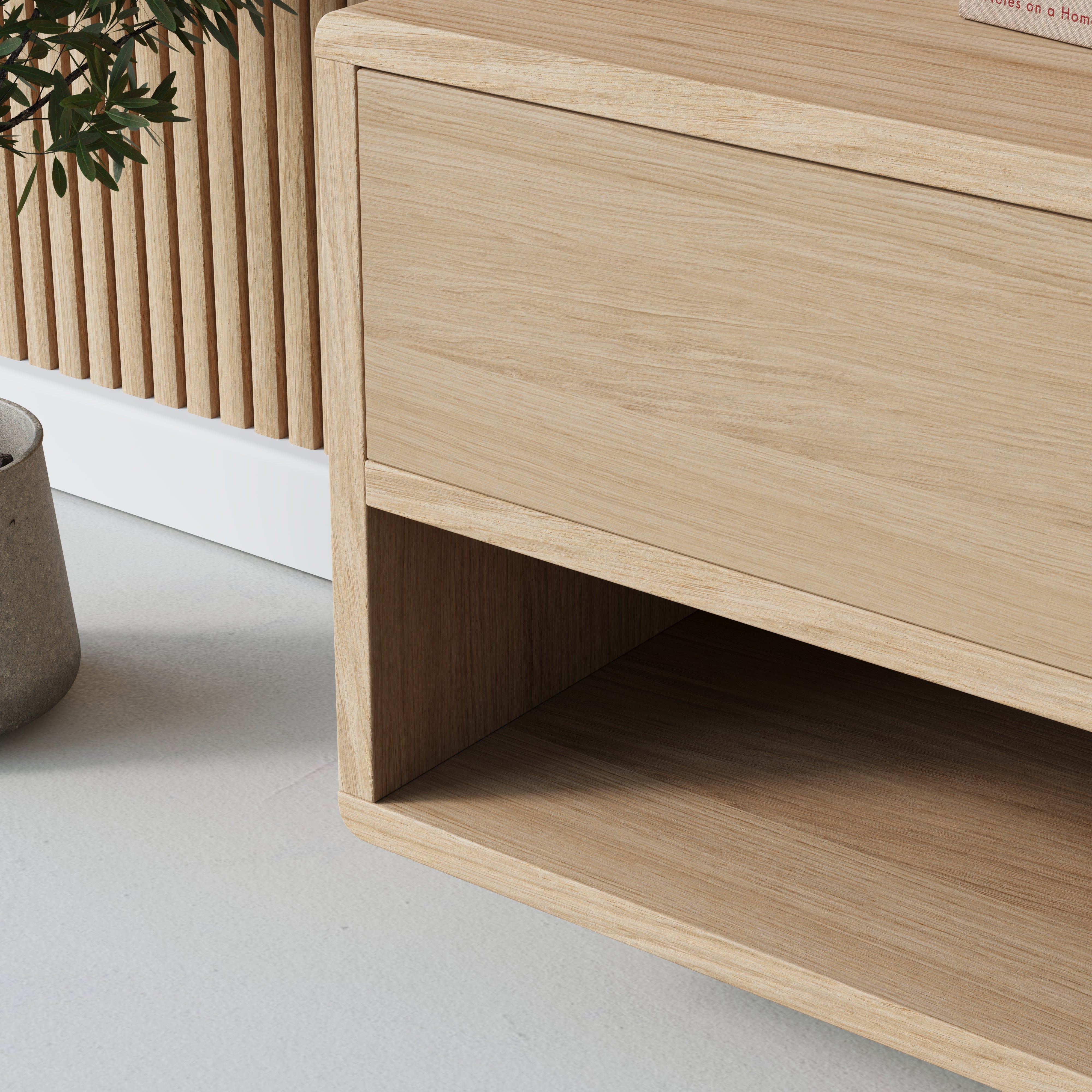 oak floating bedside table, plain front, side view