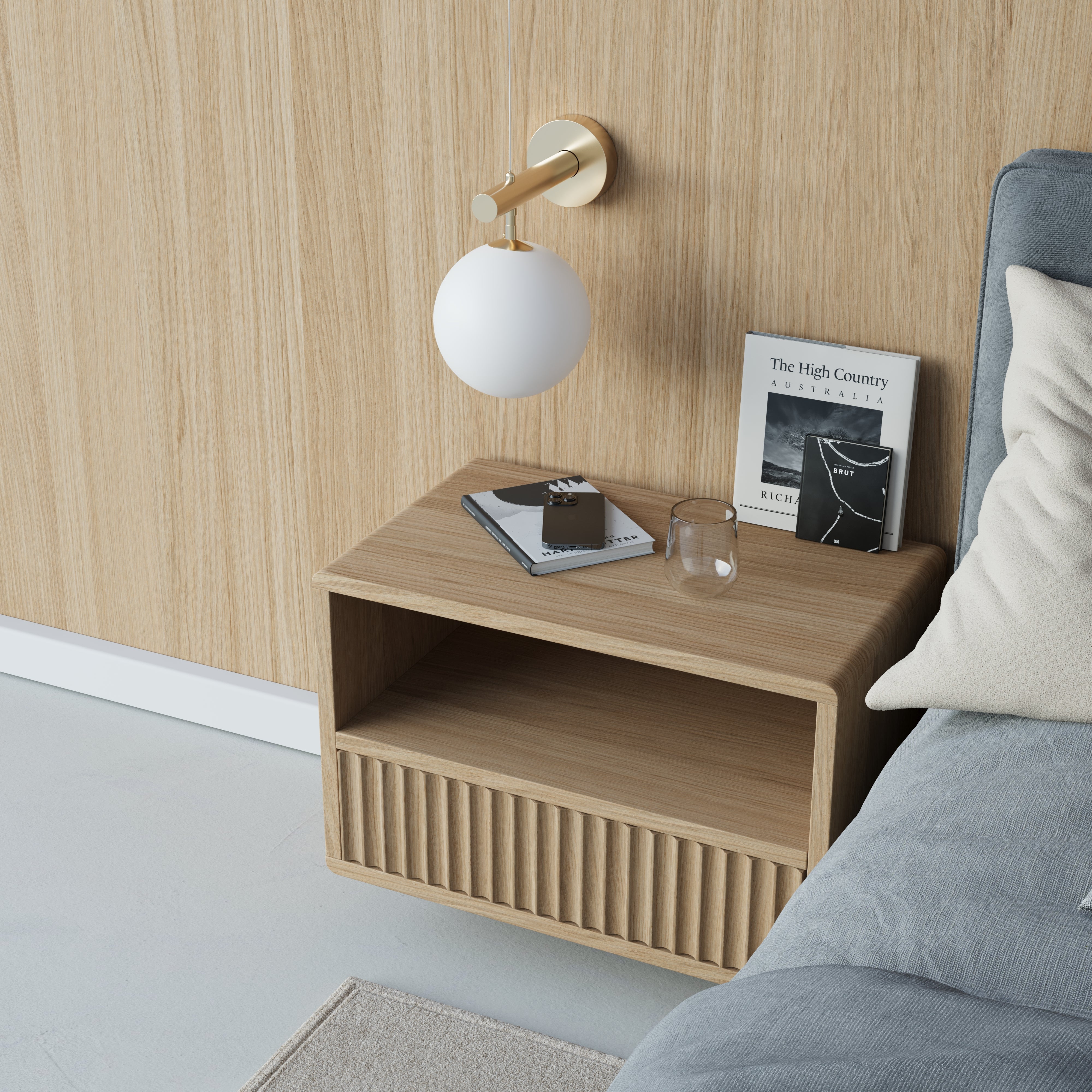 oak floating bedside table, flutted front, top view