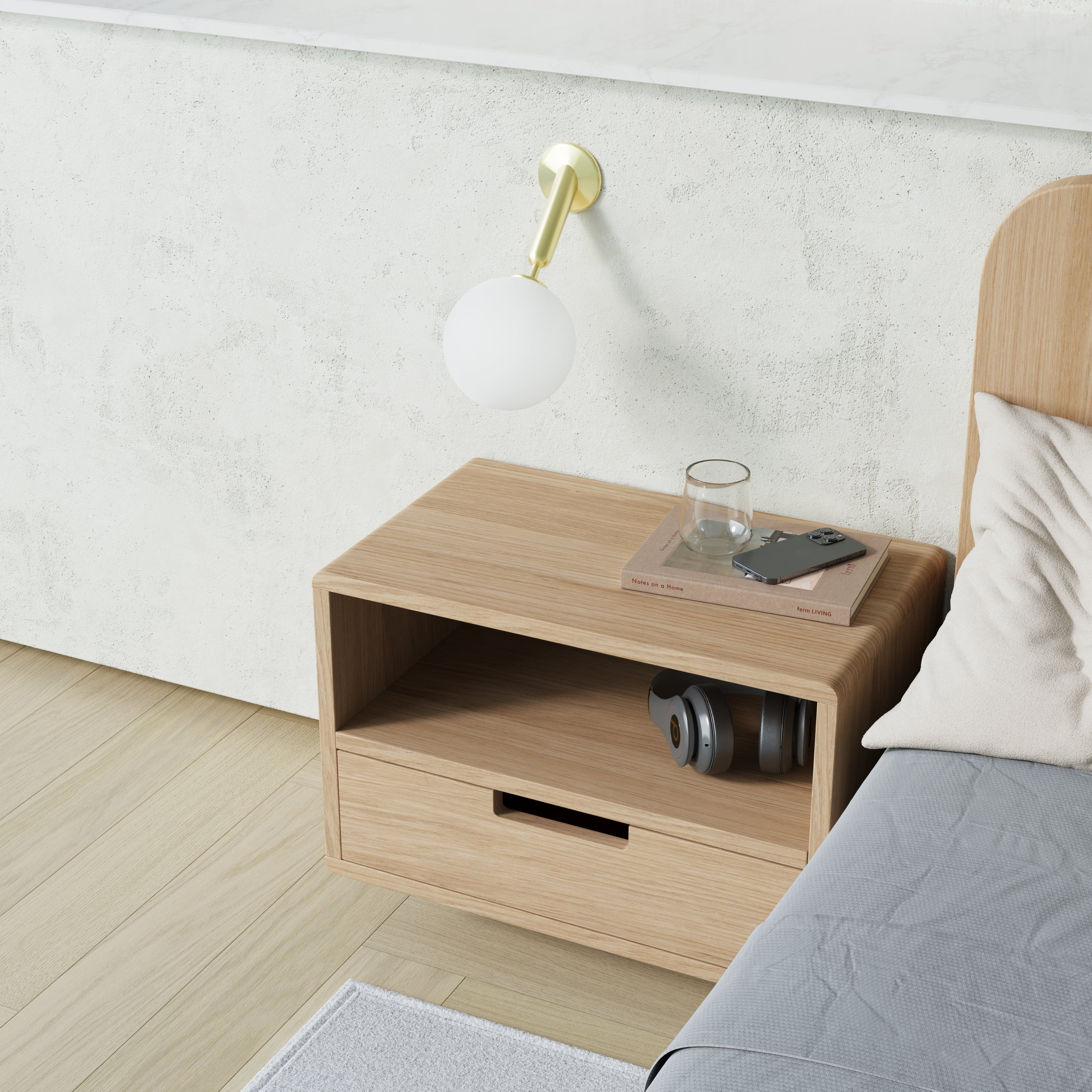 oak floating bedside table, cut out handle front, top view