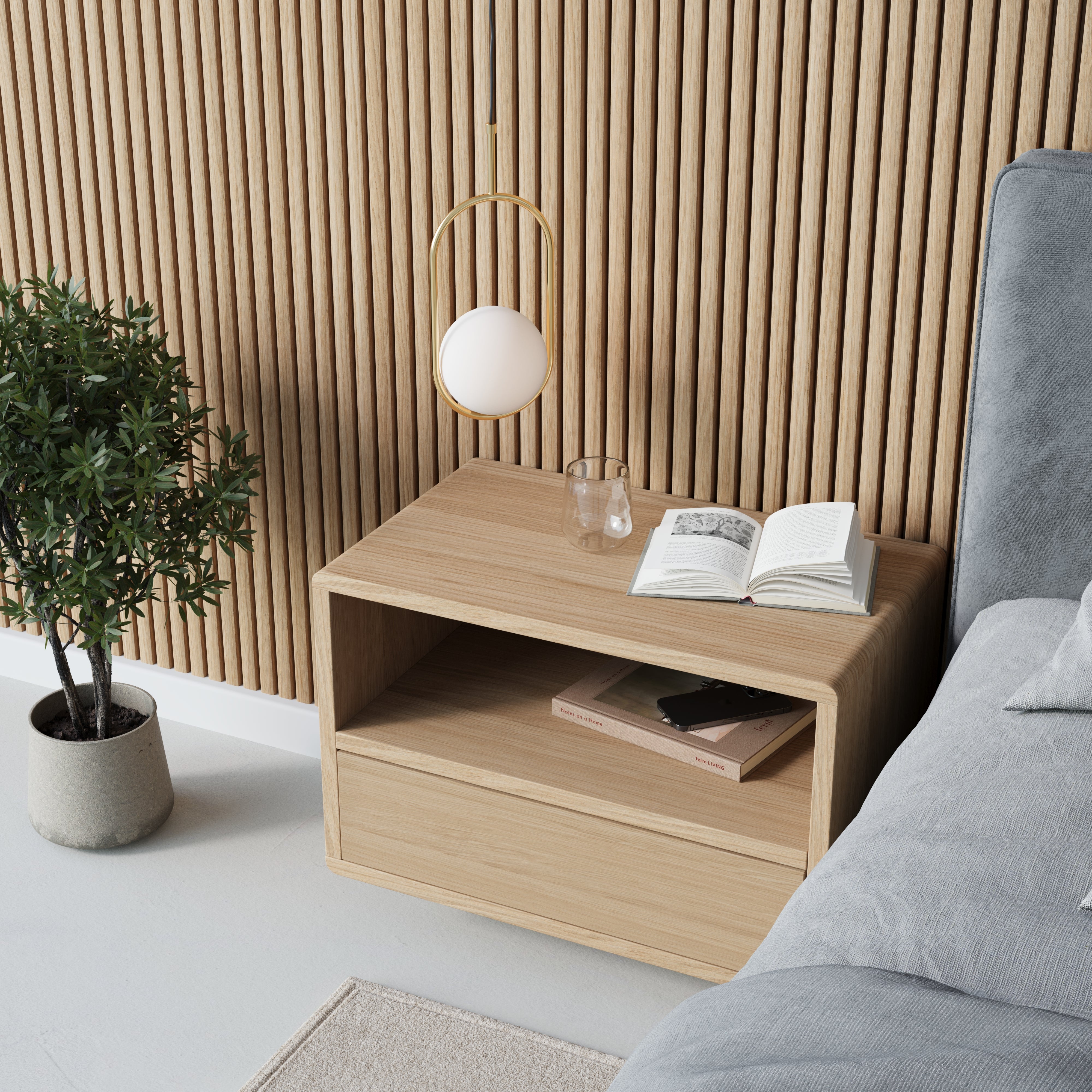 oak floating bedside table, plain front, top view
