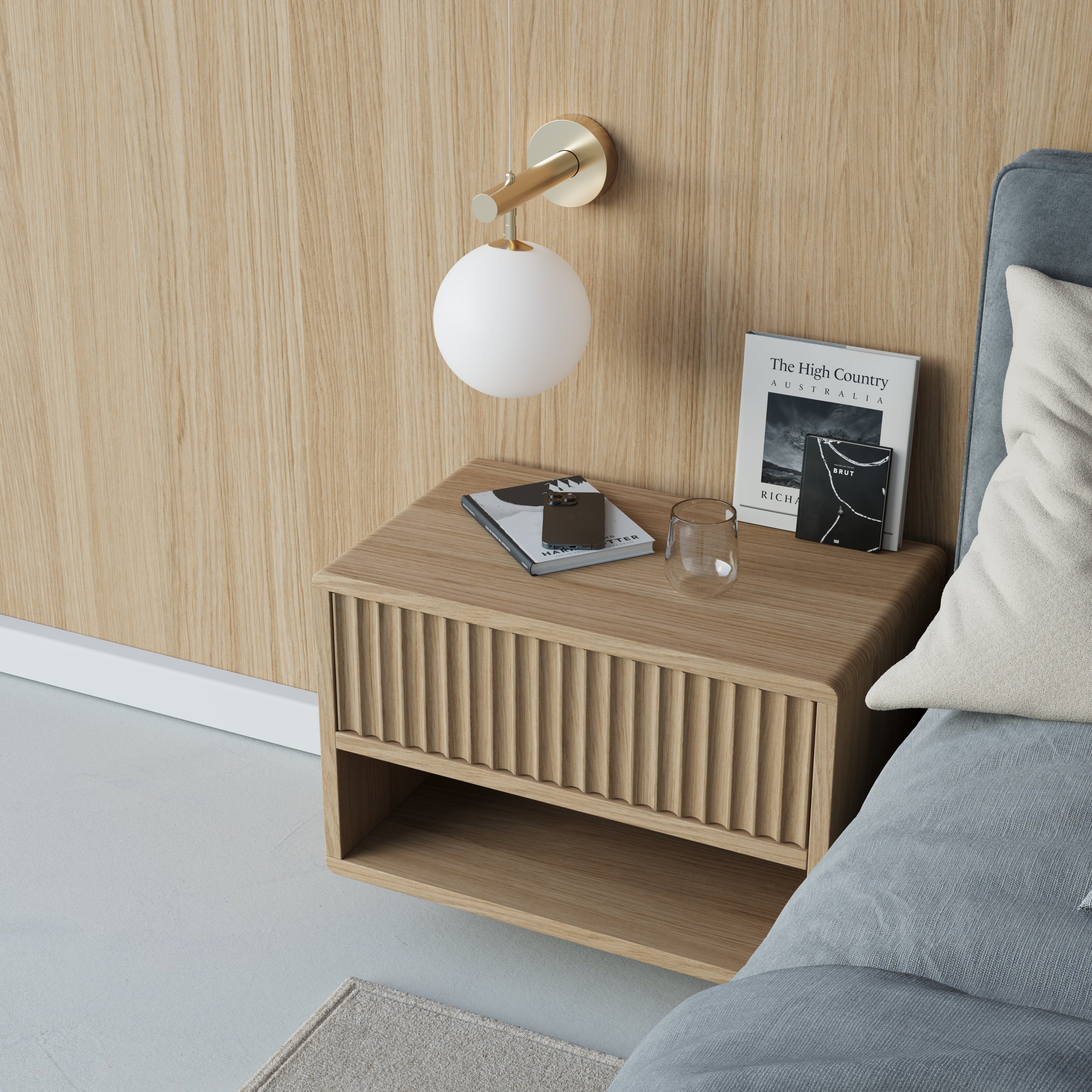 oak floating bedside table, flutted front, top view