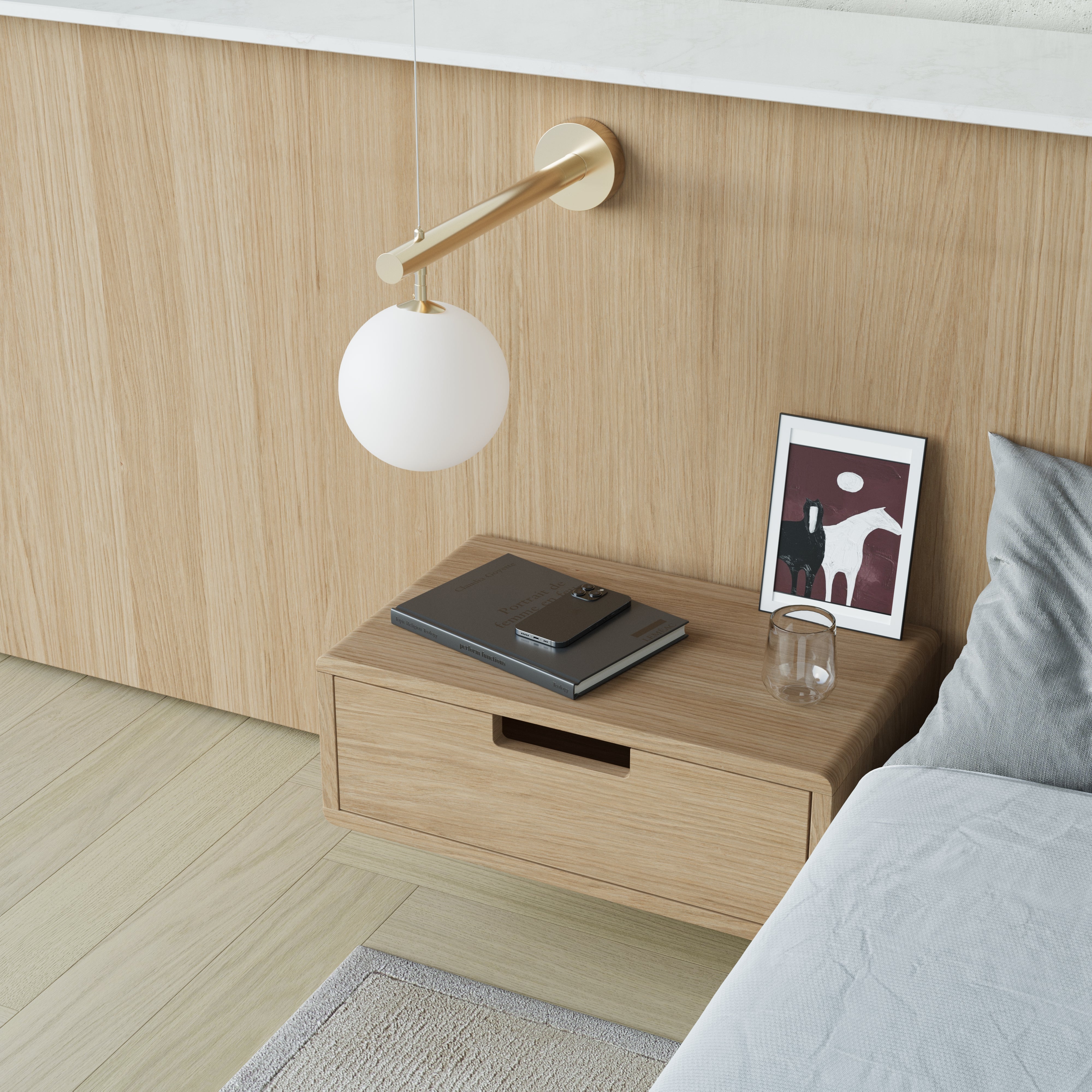 oak floating bedside table, cut out handle front, top view