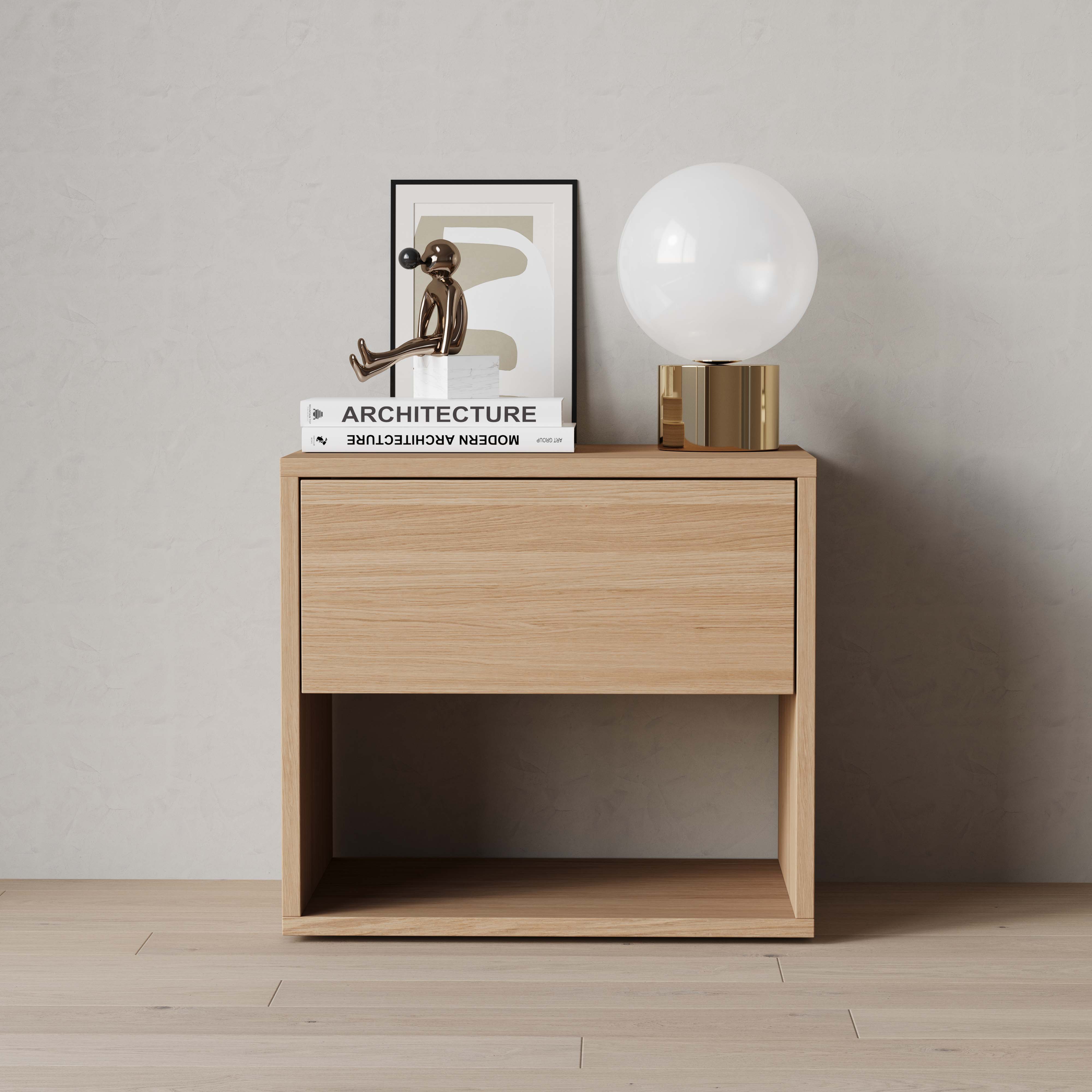 oak nightstand, plain front, front view