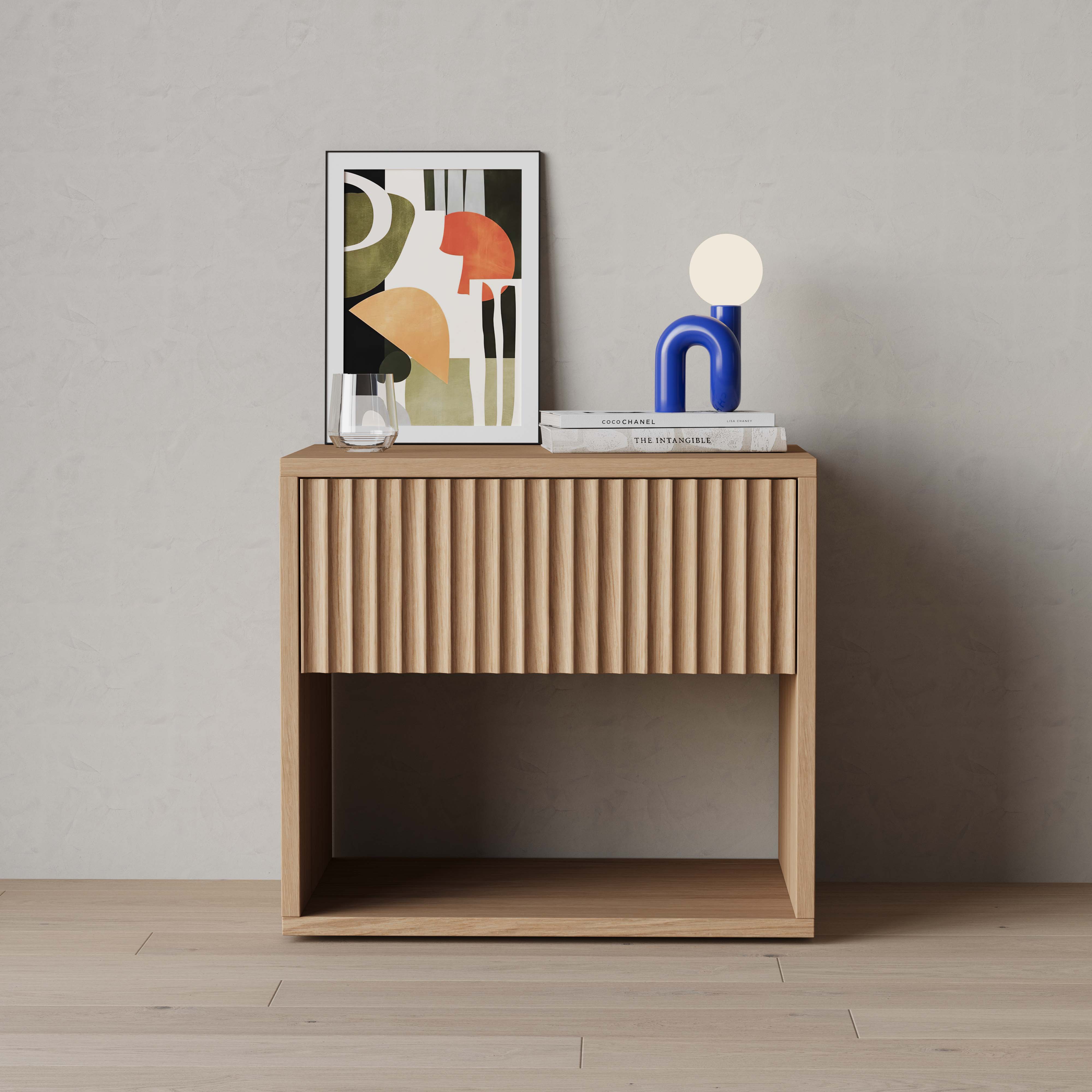 oak nightstand, flutted front, front view