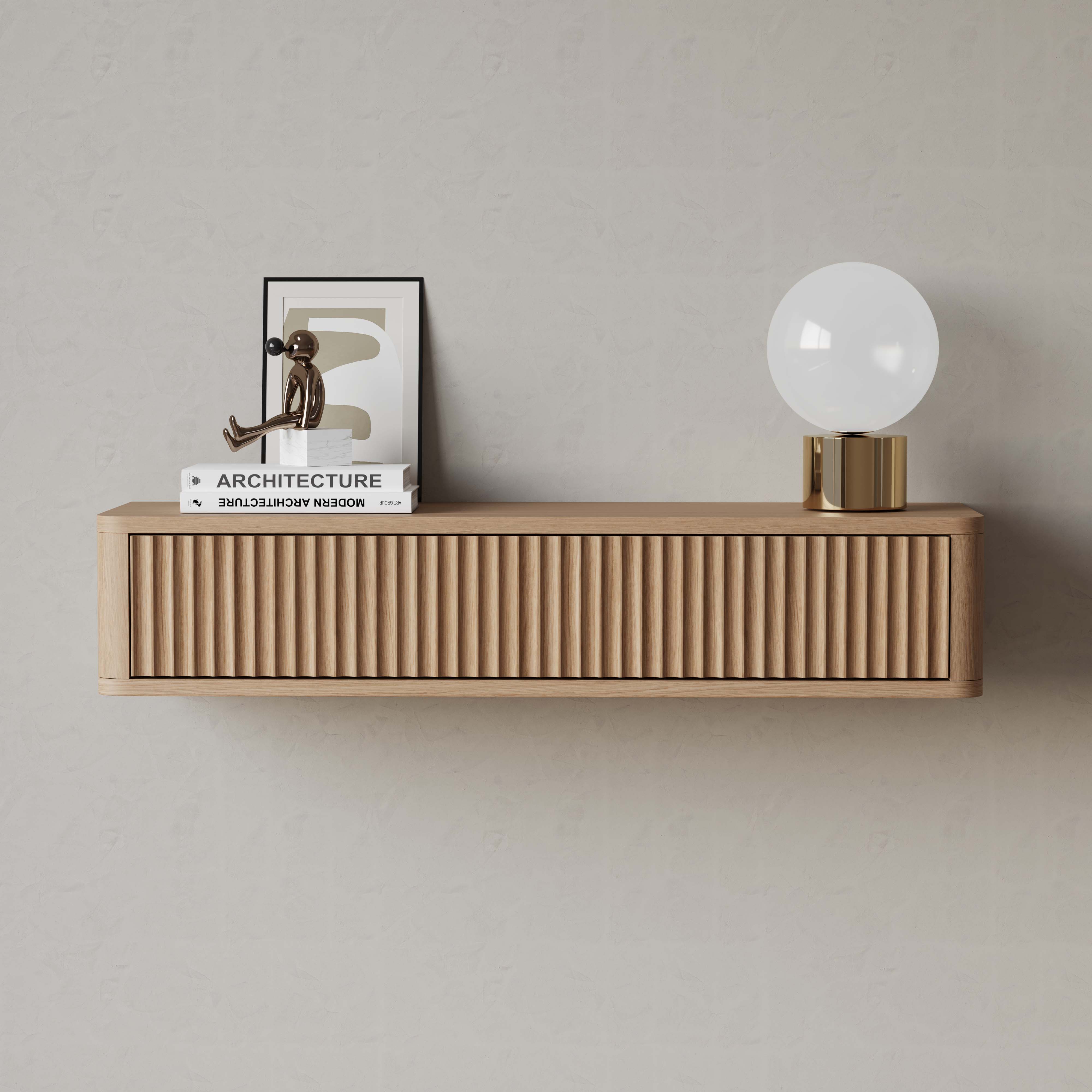 Floating oak console table, flutted front