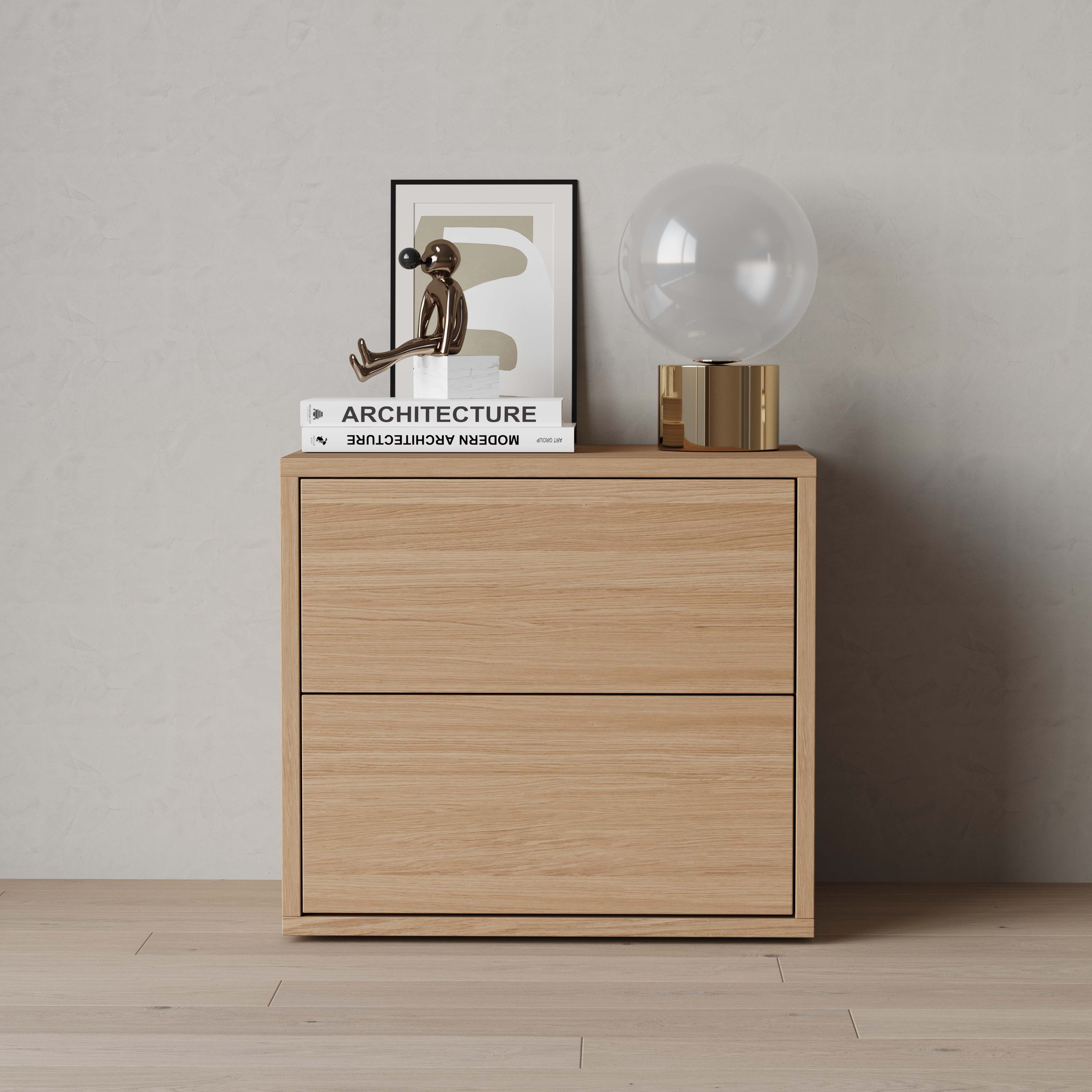 oak nightstand, plain fronts, two drawers, front view