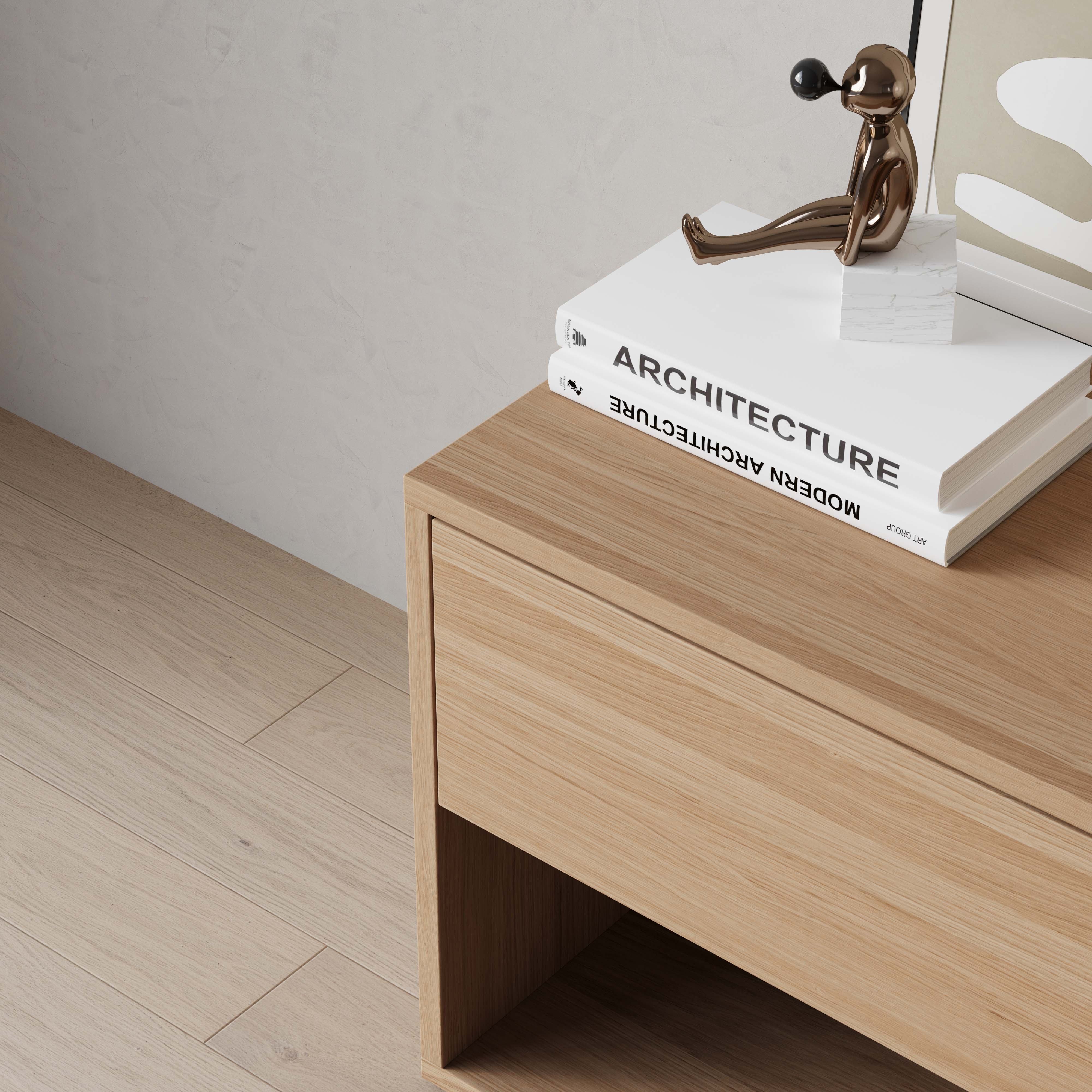 oak nightstand, plain front, side view