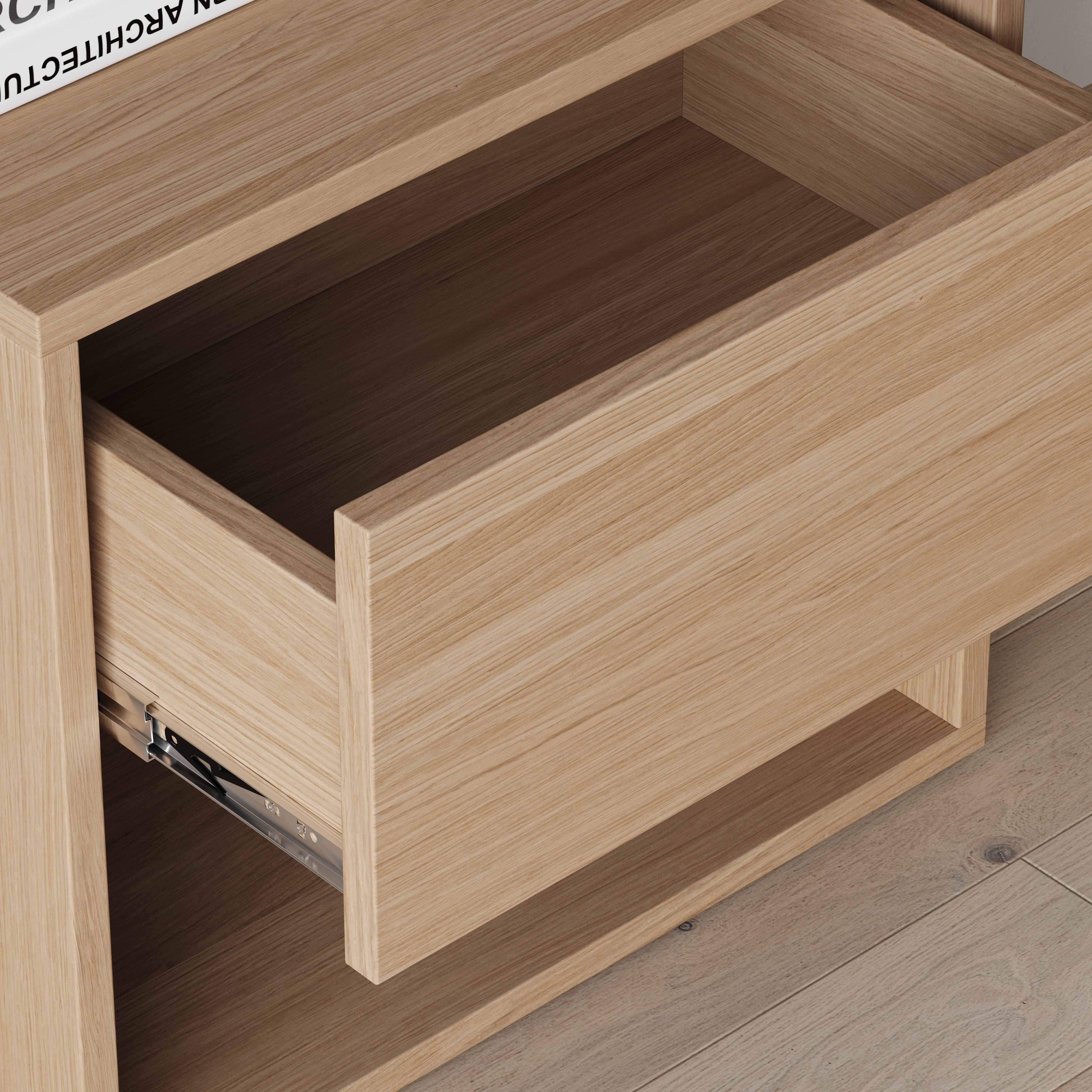oak nightstand, plain front, drawer view