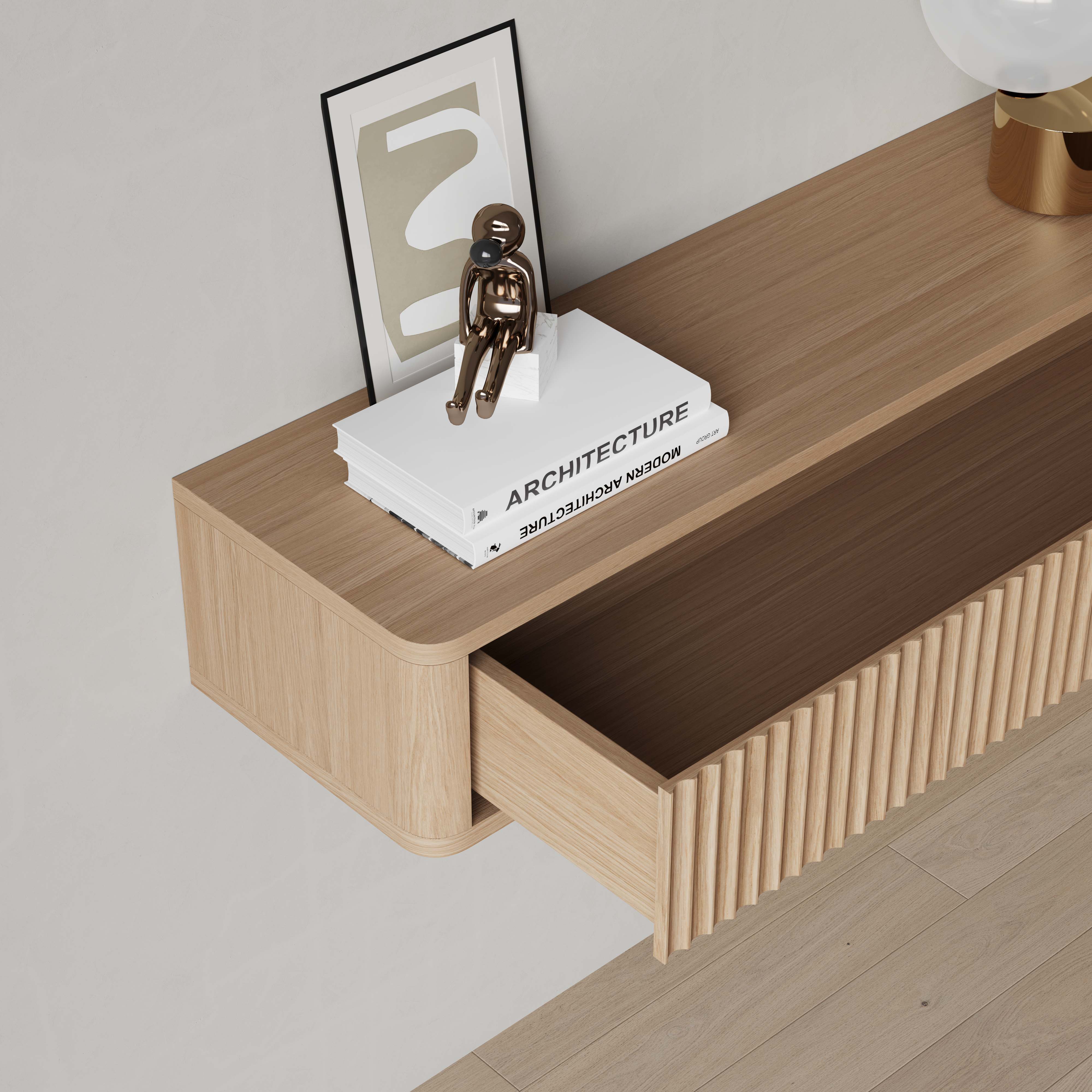 Floating oak console table, flutted front, side view