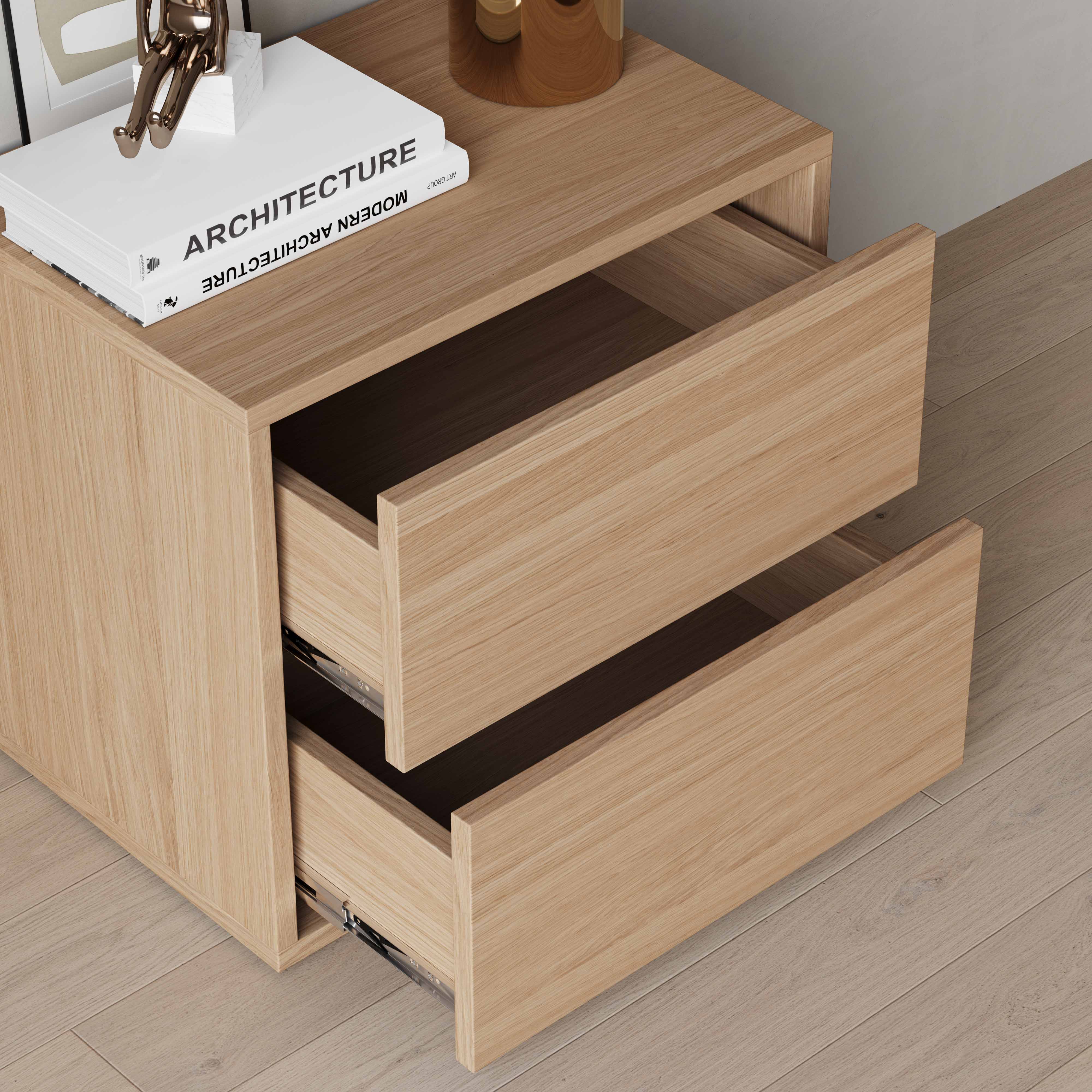 oak nightstand, plain fronts, two drawers, drawers view