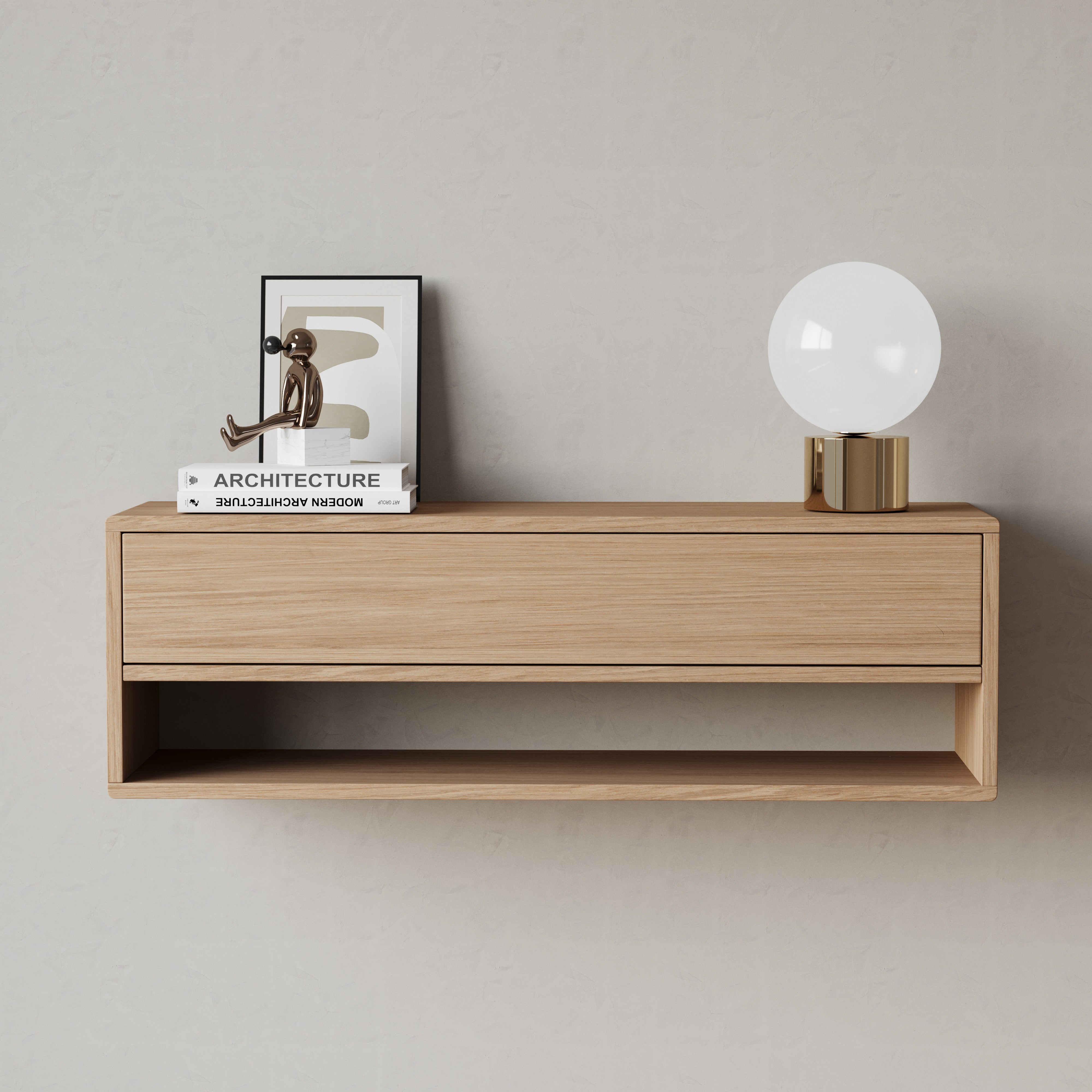 Floating Oak console table with shelf, front view