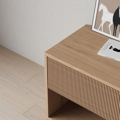 oak nightstand, grooved front, side view