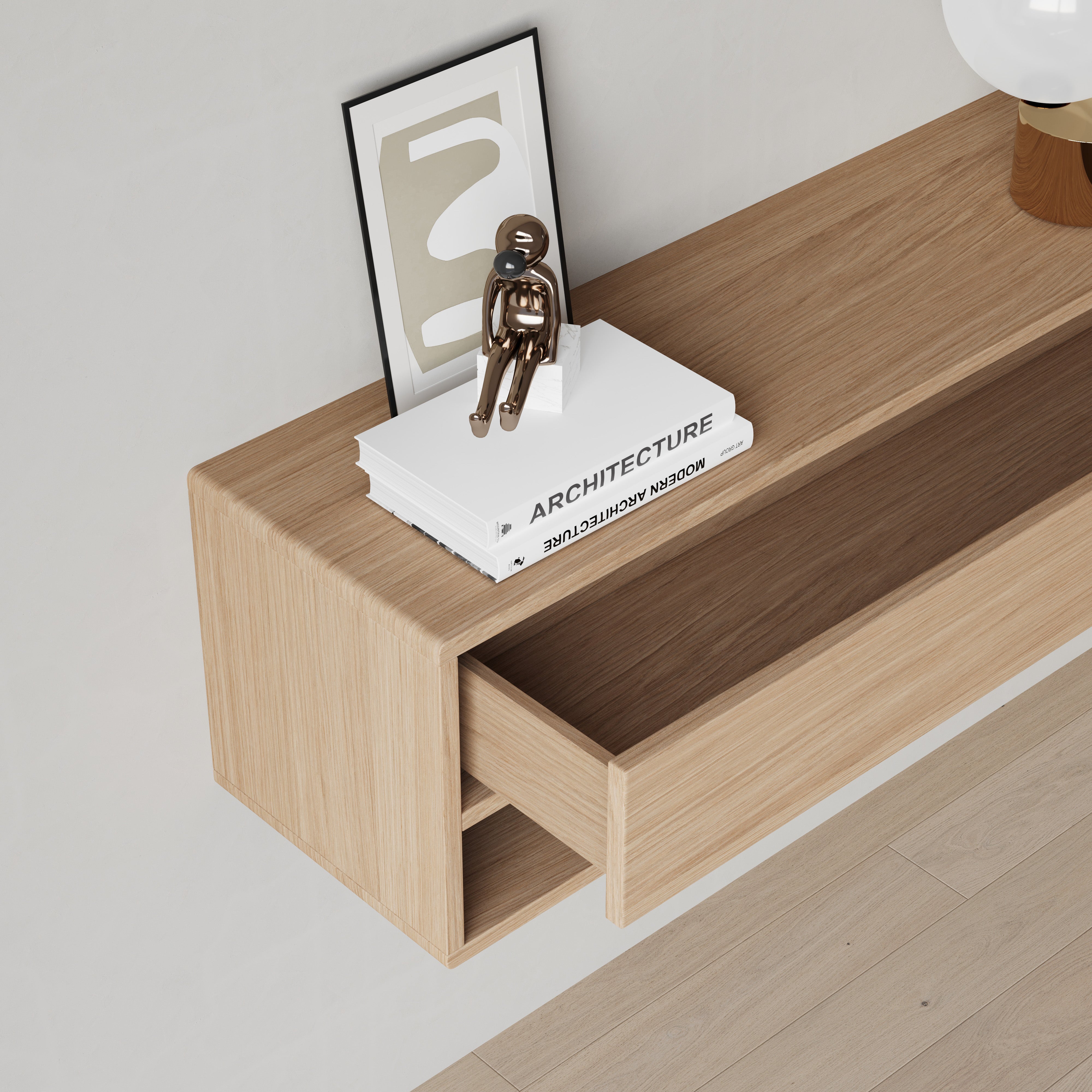 oak floating console table, drawer view