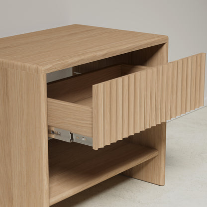 oak nightstand, flutted front, drawer view