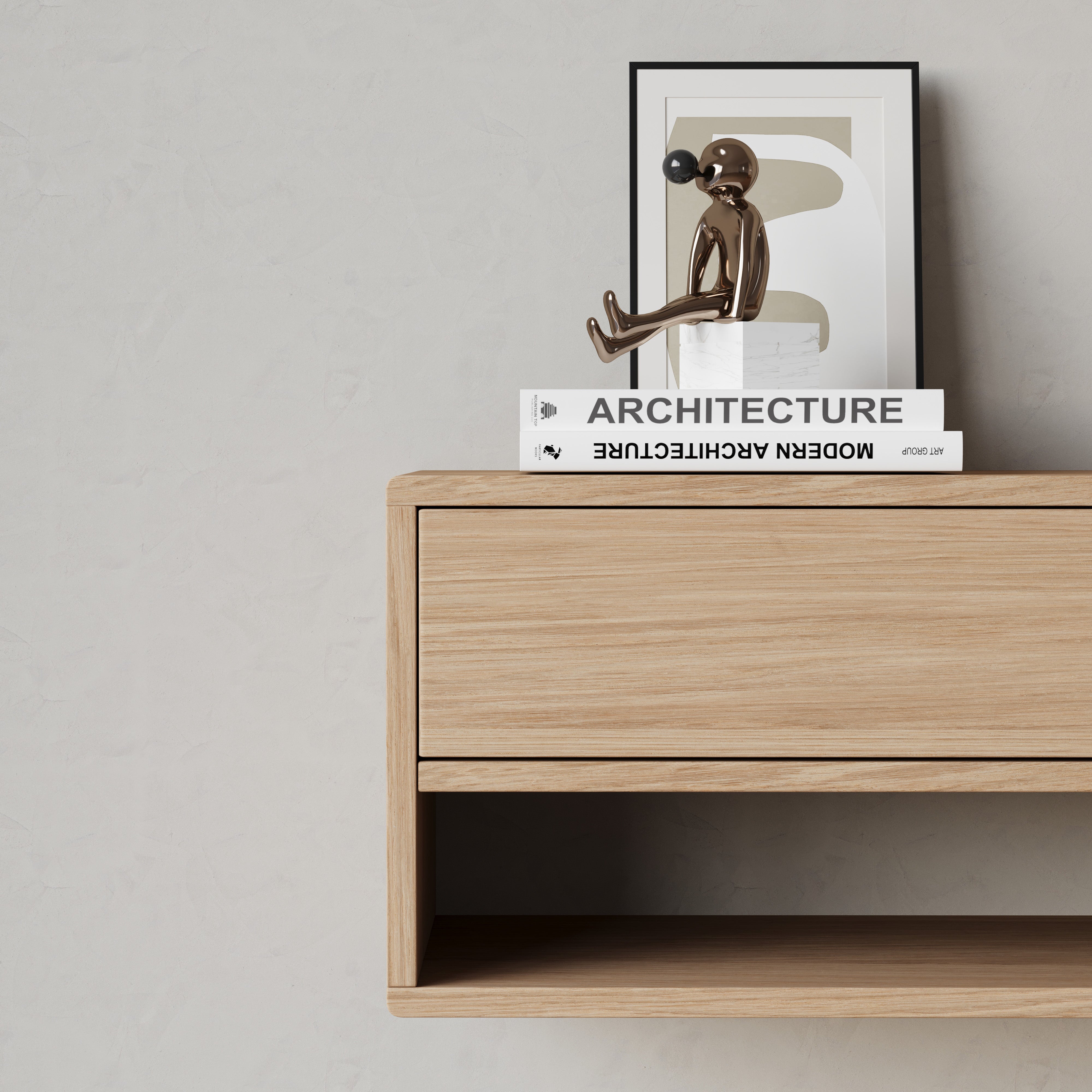 oak floating console table, front view with shelf